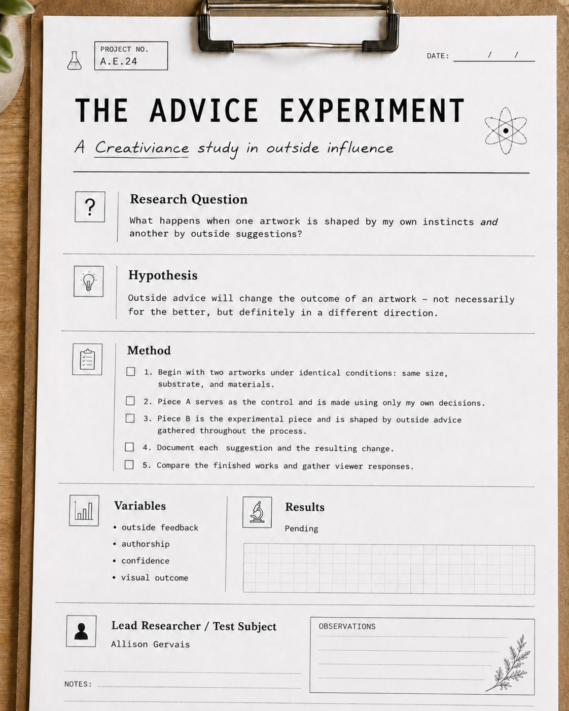 A clipboard with a scientific research worksheet titled 'The Advice Experiment,' including sections for research question, hypothesis, method, variables, results, and notes.