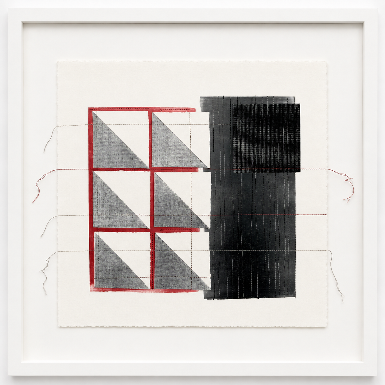 Containment #1, 12”x12” unframed, monoprint with stitching. On view National Art League juried show, NY August 1-September 30, 2026, awarded 3rd place SOLD