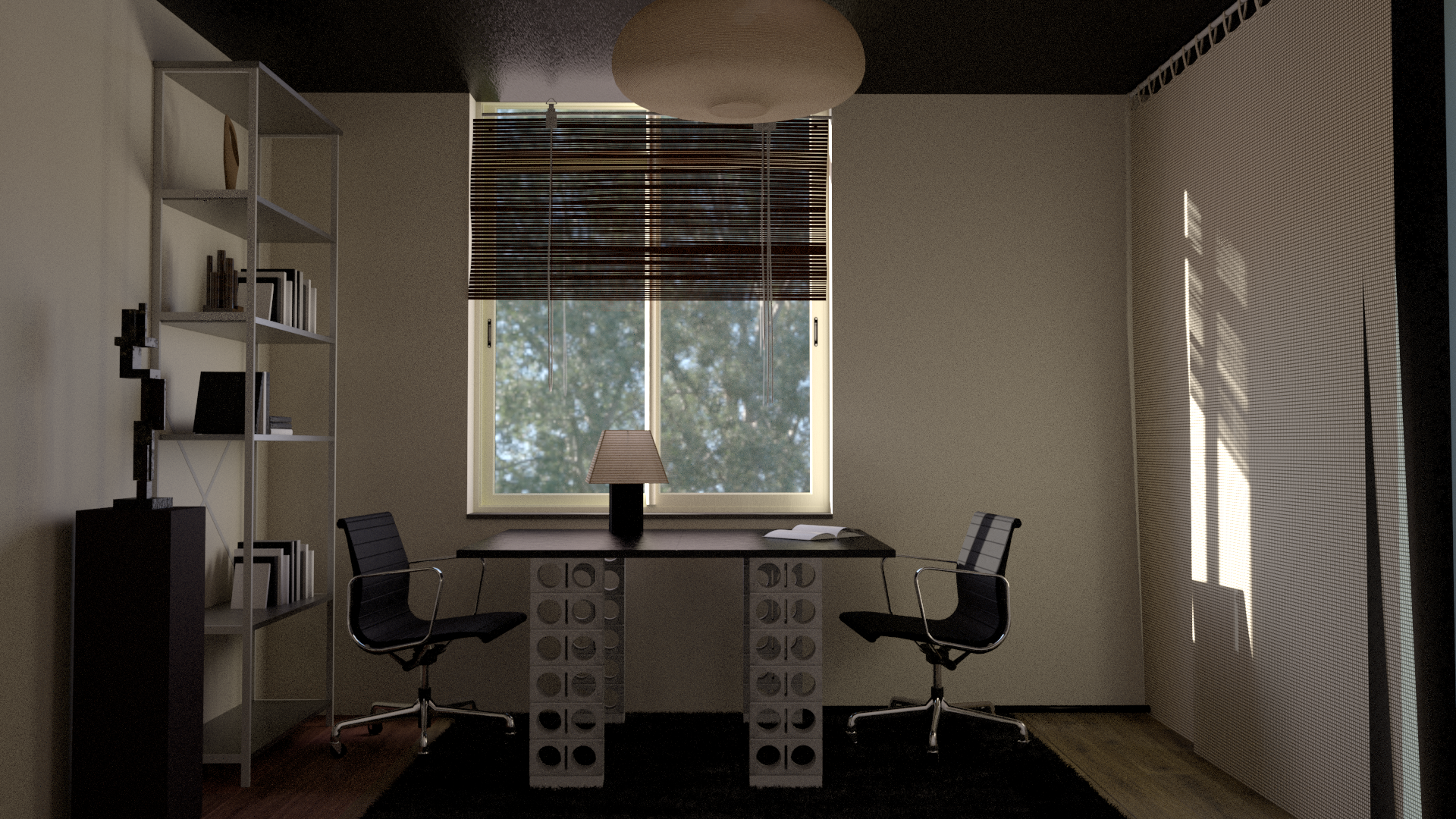 Minimal office workspace with black desk, pendant lighting, shelving and window blinds