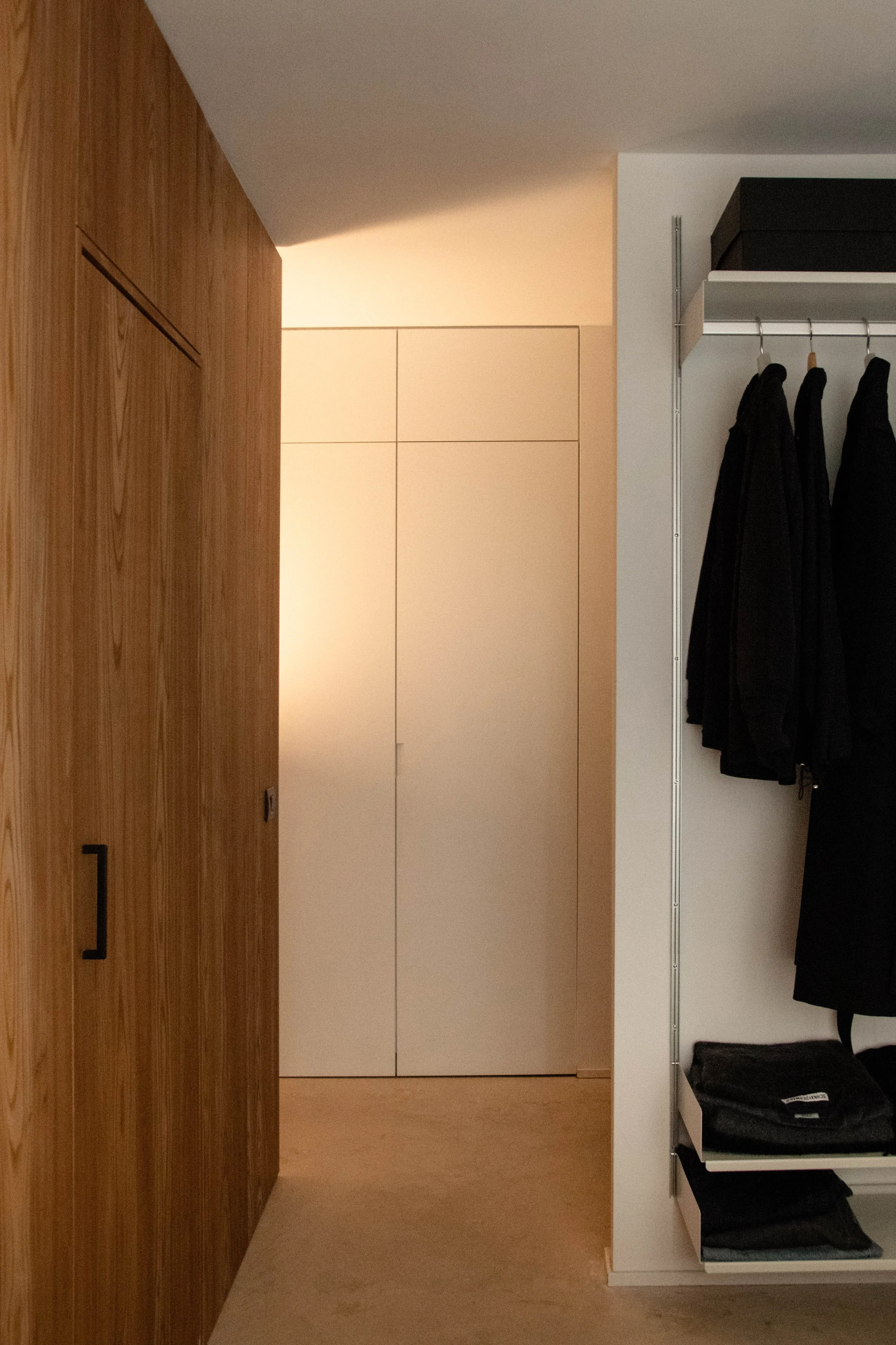 Minimal hallway in the Quiet Forms Apartment featuring warm wood paneling, integrated storage and a calm material palette