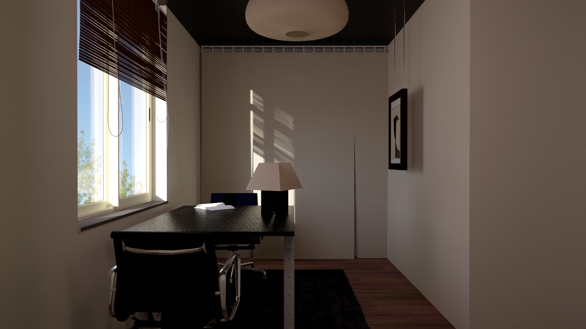 Side view of minimalist office with dark desk, textured wall panels and soft daylight