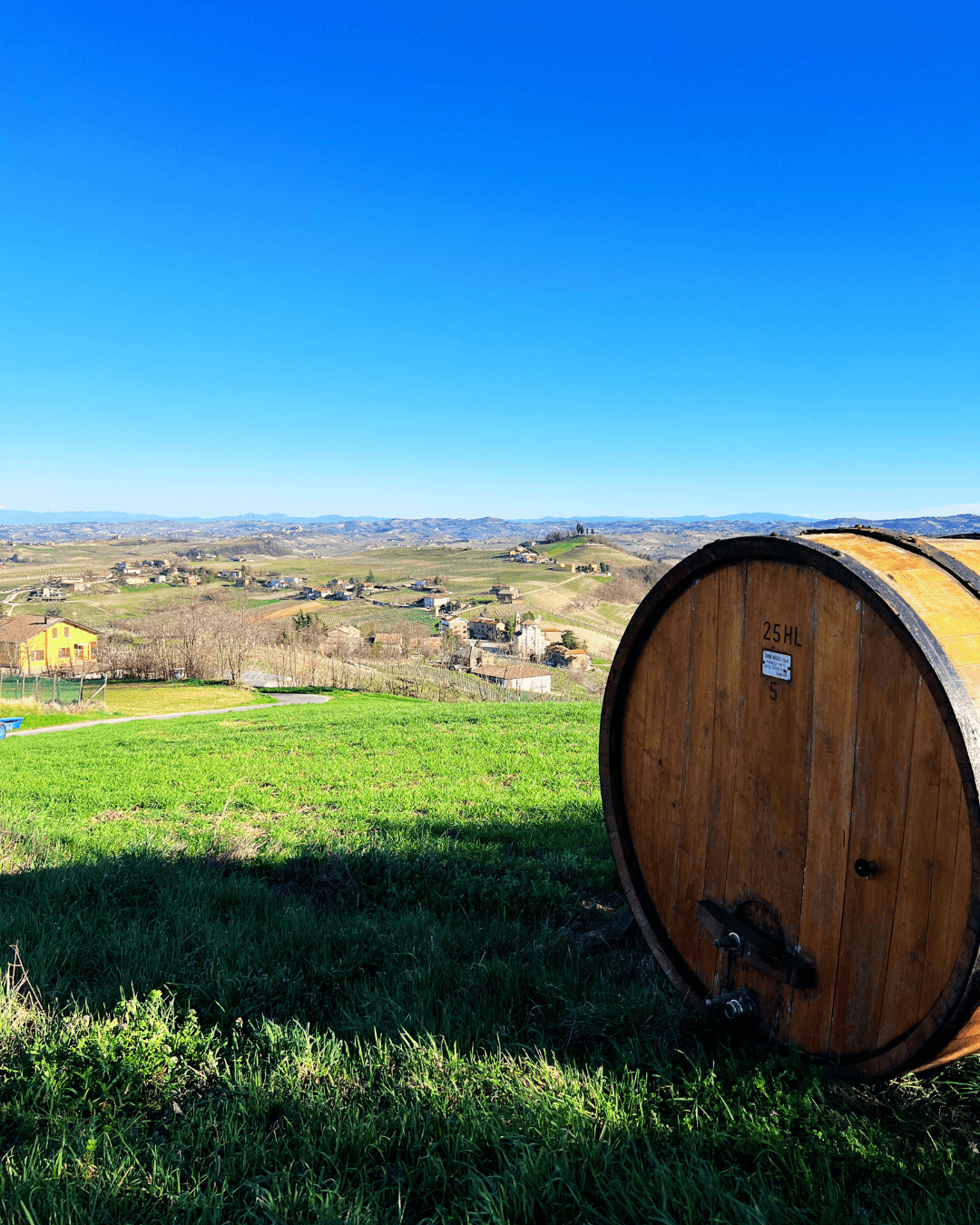 Wooden wine barrel on a grassy hill overlooking a countryside landscape with houses and rolling hills under a clear blue sky.