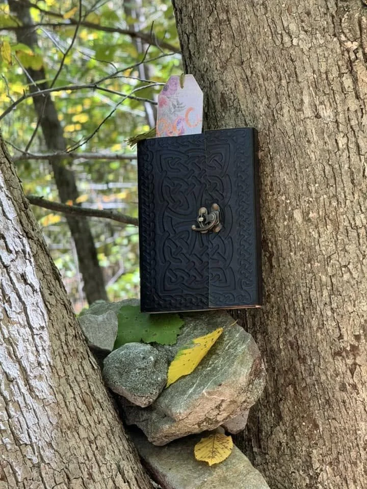 A black leather embossed journal, with a Celtic pattern, and homemade bookmark. On top of rocks with changing leaves.
