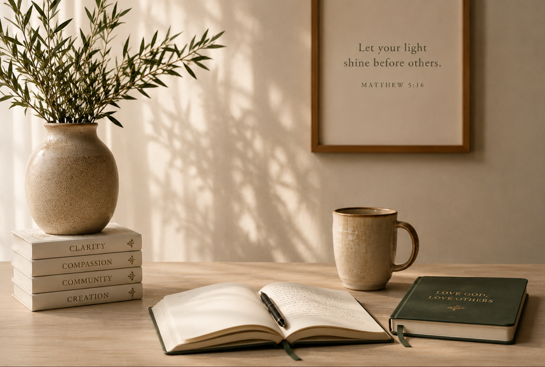 Desk with Let Your Light Shine Before Others, Love God Love Others, Clarity, Compassion, Community, Creation, an open book and pen with a mug. The image captures the heart of this framework and my platform.