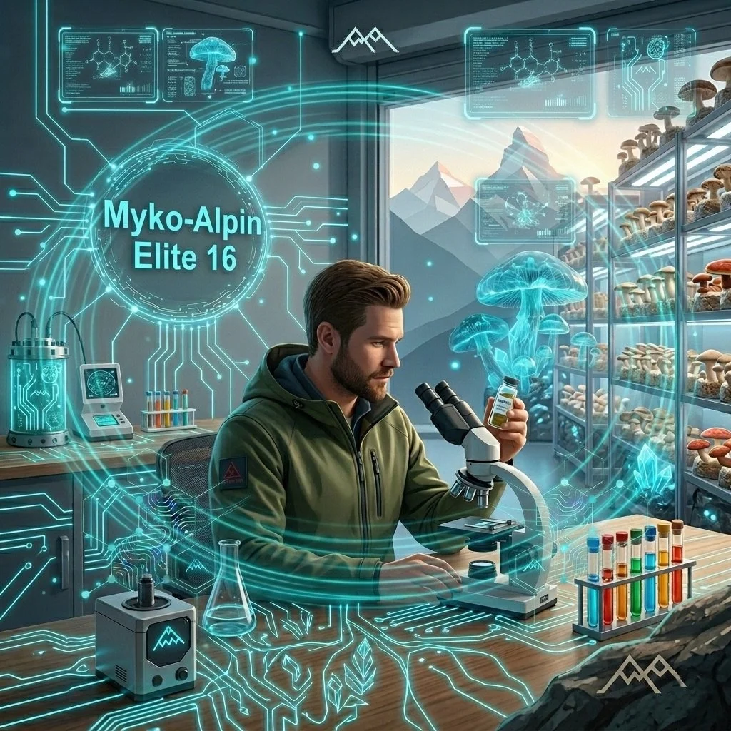 Ein Forscher in einer High-Tech-Klimazelle mit holografischen Anzeigen, untersucht Pilzproben in einem Gewächshaus.