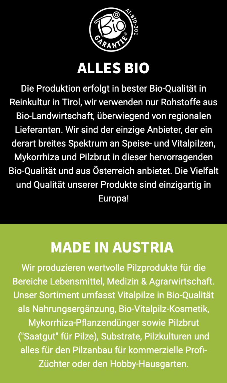 Schwarz-weißes Logo mit 'Bio Garantie' und Zertifizierungsnummer. Grüner Abschnitt mit weißem Text 'Made in Austria'.