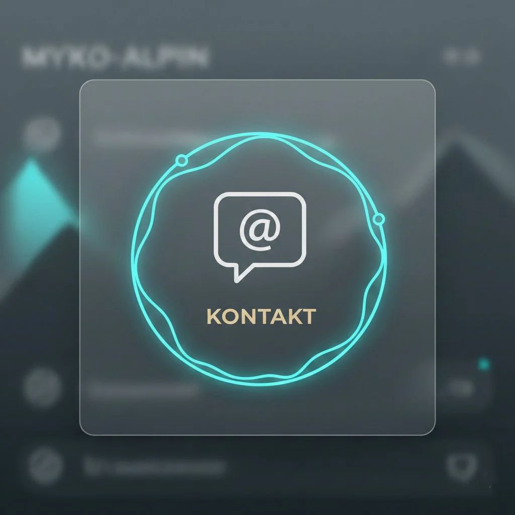 Digitales Kontakt-Icon mit @-Zeichen in einer Sprechblase, umgeben von einer leuchtenden blauen Linie, mit dem Wort 'KONTAKT' darunter auf einem dunklen Hintergrund.