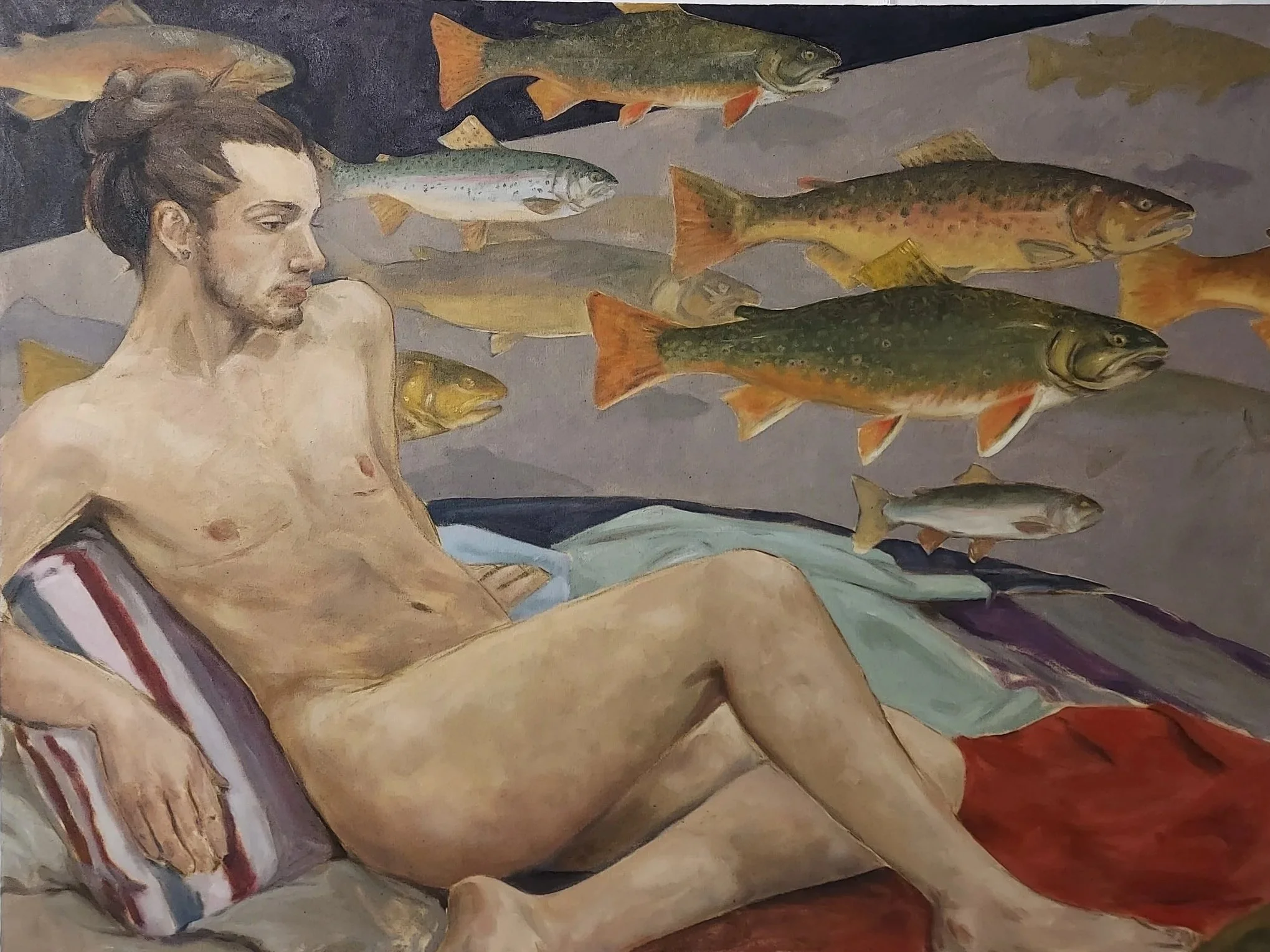 Figure and Trout, Oil on canvas