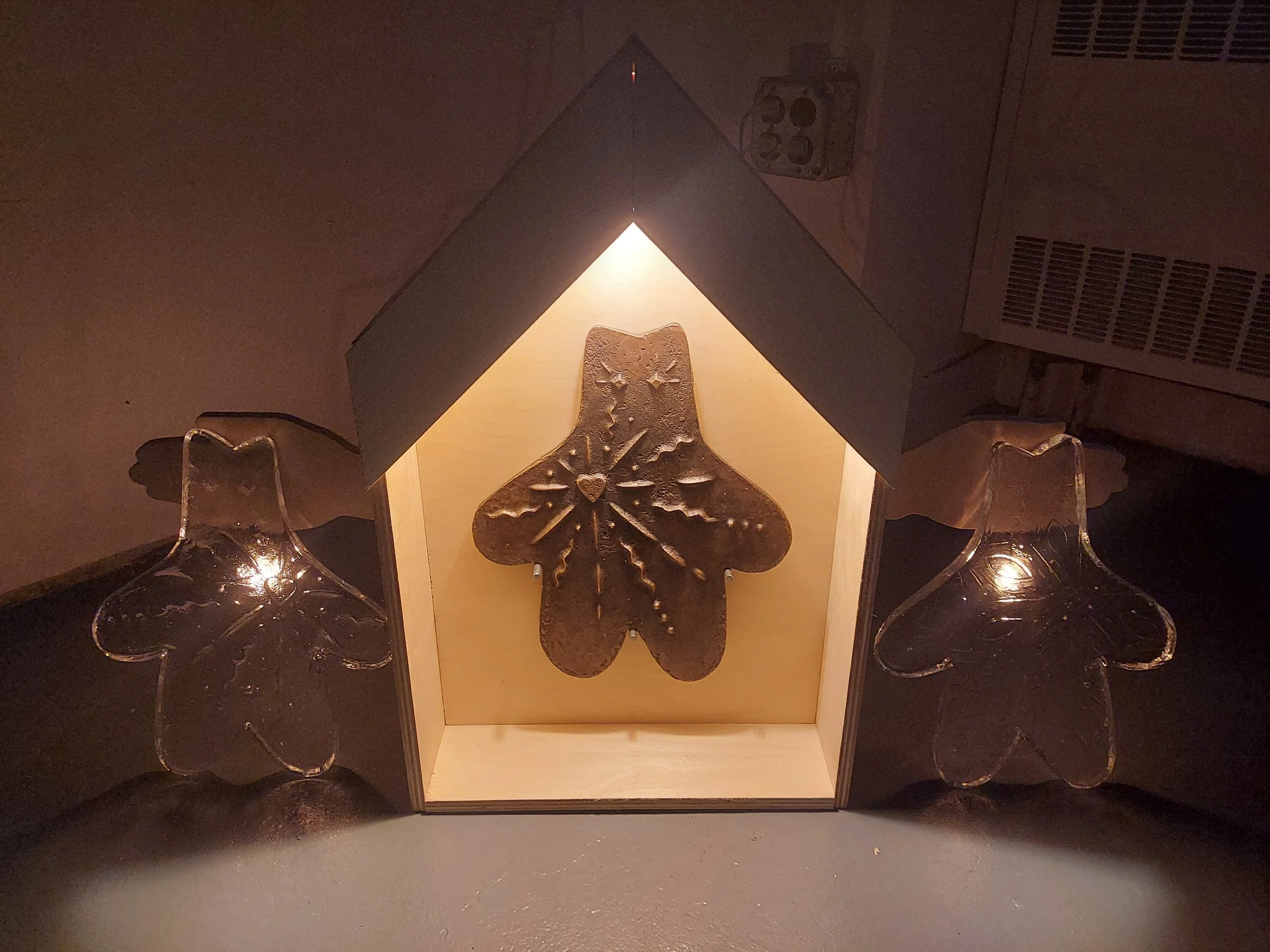 Guardian House, bronze, glass, wood