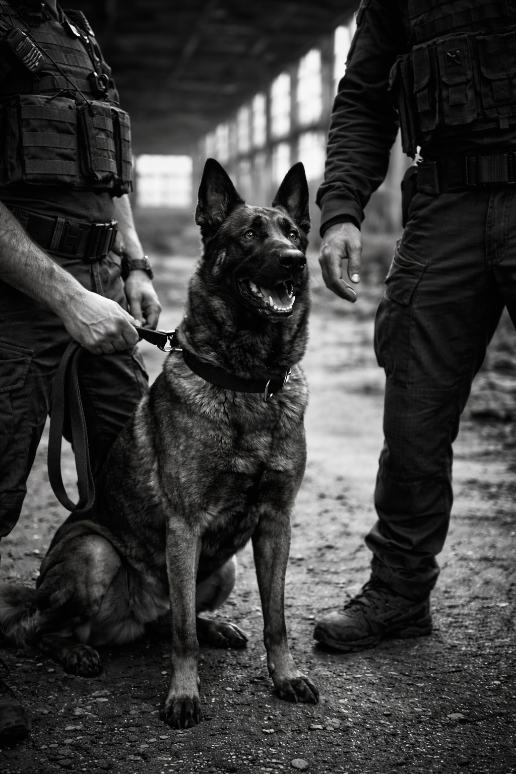 Zwei uniformierte Polizisten mit Messer- und Taschenlampenfächern, die einen deutschen Schäferhund im schwarzen und weißen Fell halten, in einer verfallenen Halle.