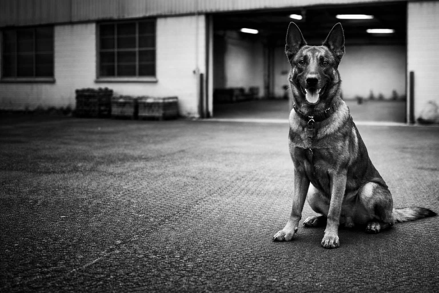 Hunde in einem Lagerhaus im schwarzen und weißen Foto, sitzend und lächelnd.