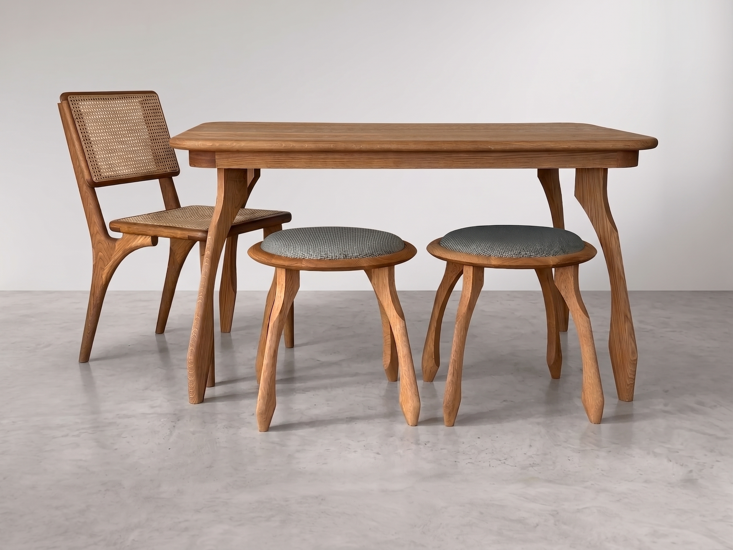 master white oak table stools and caned dining chair sparrow collection.png