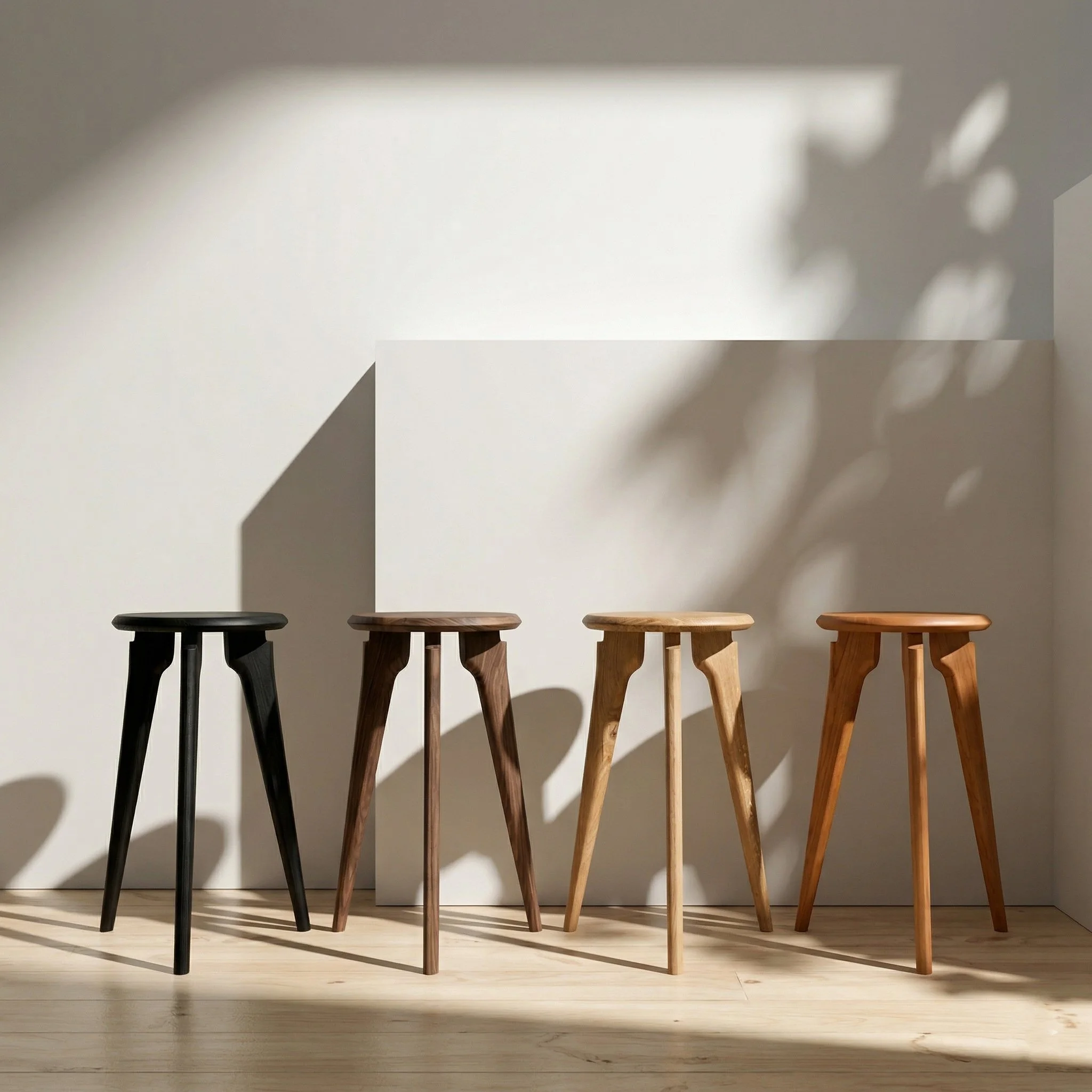 Four wooden stools of different shades placed in front of a white wall with shadows cast by a plant.