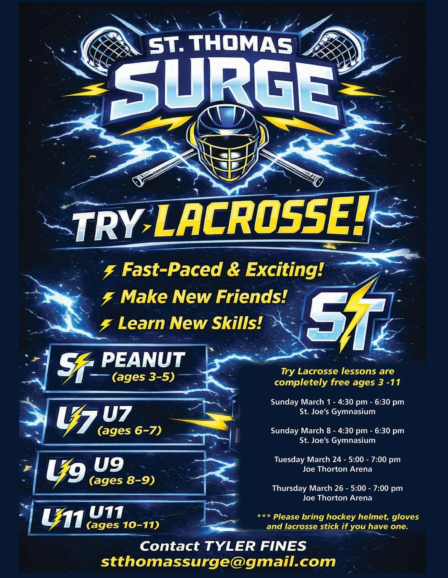 Our first TRY LACROSSE session is Sunday March 1st at 4:30pm @ St. Joseph High School Gymnasium. Please bring a helmet, gloves and if you have one&hellip; a junior lacrosse stick. If not, we will have one to use! SPREAD THE WORD! WHO IS COMING???
