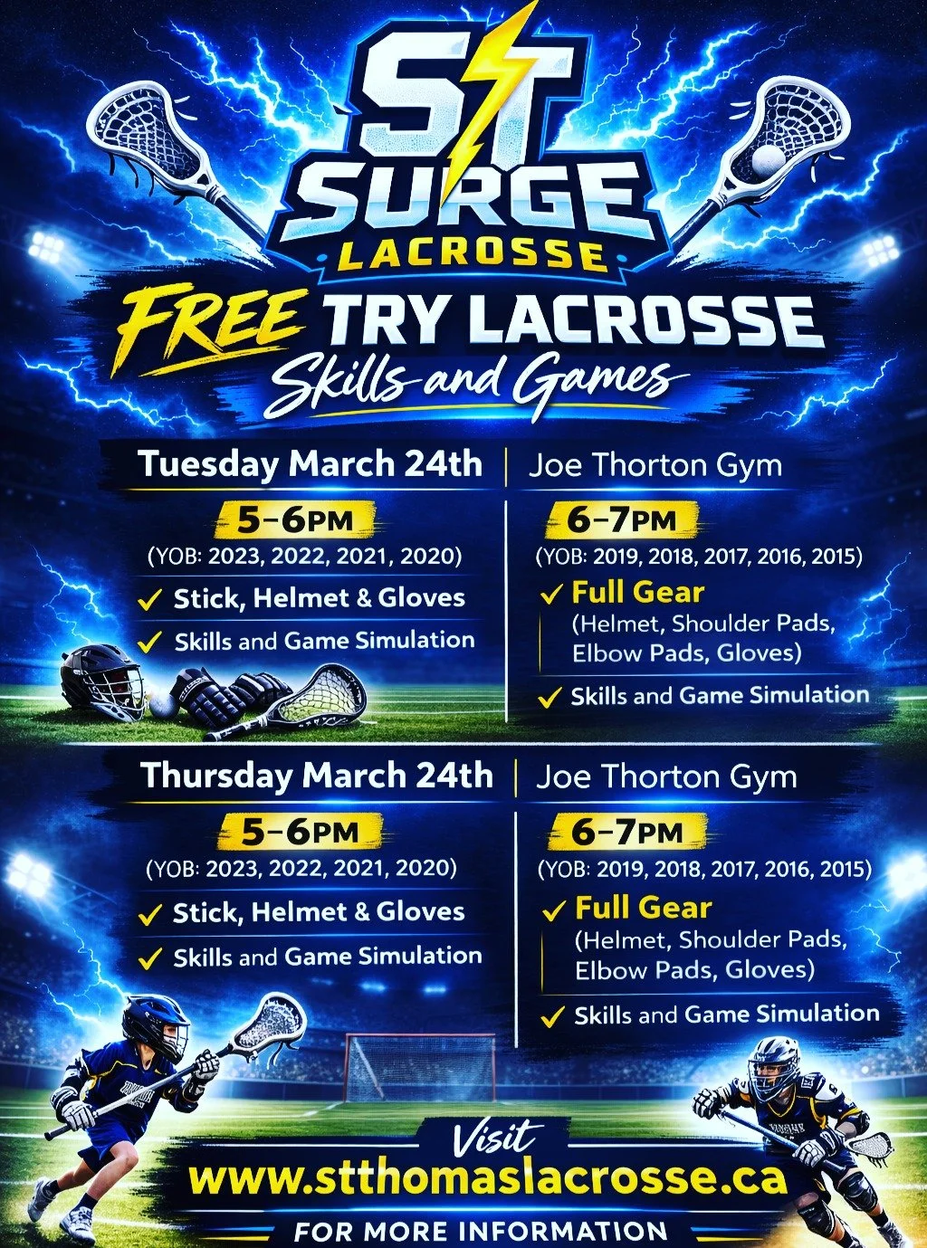 PLEASE SHARE! REGISTRATION IS OPEN AND YOU WILL RECEIVE A FREE STICK! 
.
.
Tuesday March 24th and March 26th The Surge is offering a FREE Try Lacrosse run which will incorporate skills and gameplay! YOB 2023,2022,2021 and 2020 will run from 5-6pm, fo