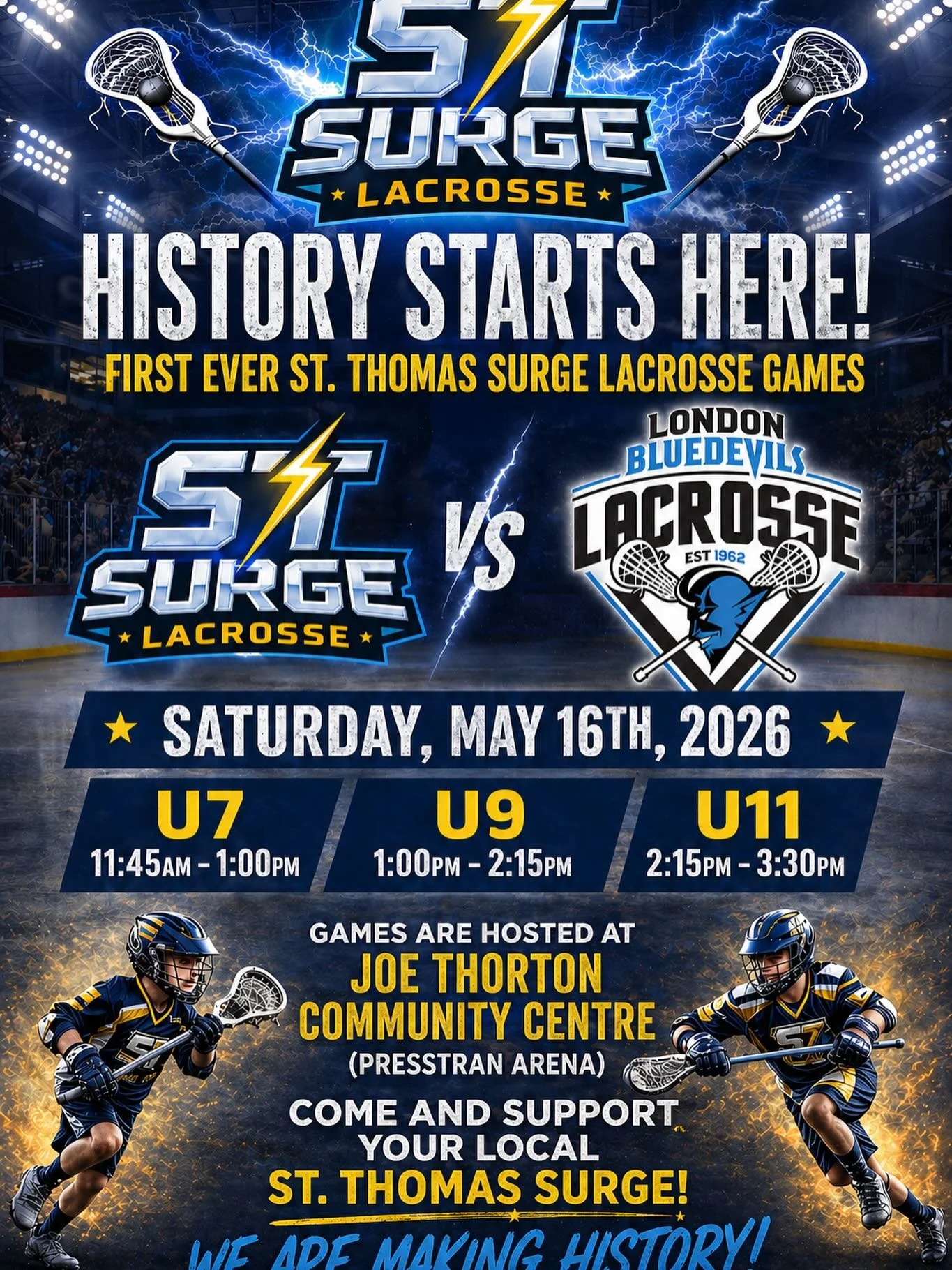 The rivalry has to start somewhere, sometime. That time is now. May 16th starting at 11:45am, the St.Thomas Surge welcome our neighbour&rsquo;s The London Blue Devils for 3 games of high flying lacrosse action! The fastest game on 2 feet. Come out an