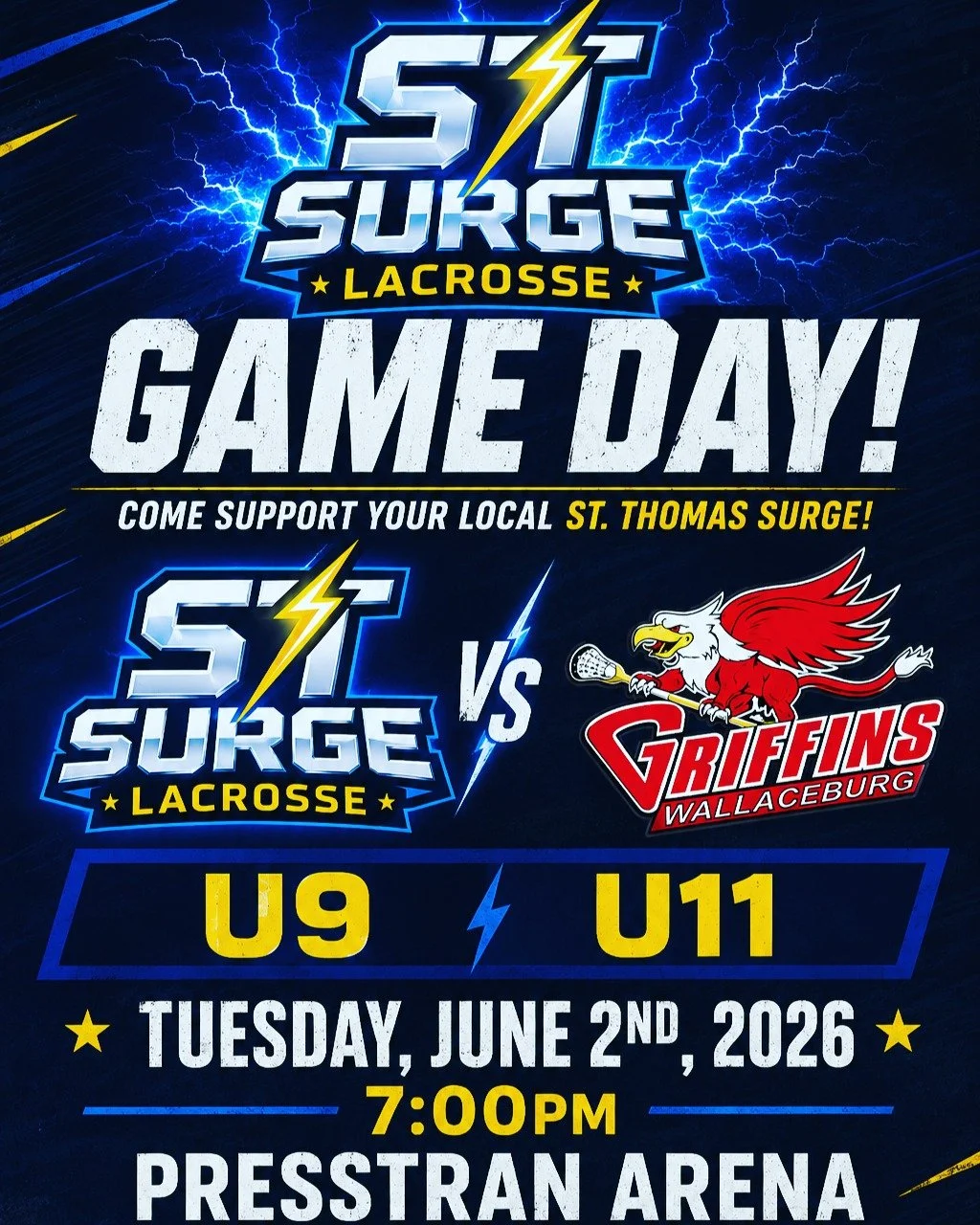 The St. Thomas Surge welcome the Wallaceburg Griffins in a combined U9/U11 matchup on Tuesday June 2nd at 7:00pm. Come check out these amazing athletes and how far they have come in under 2 months. Let's go SURGE!
-
- 
@wallaceburggriffins #lacrosse 