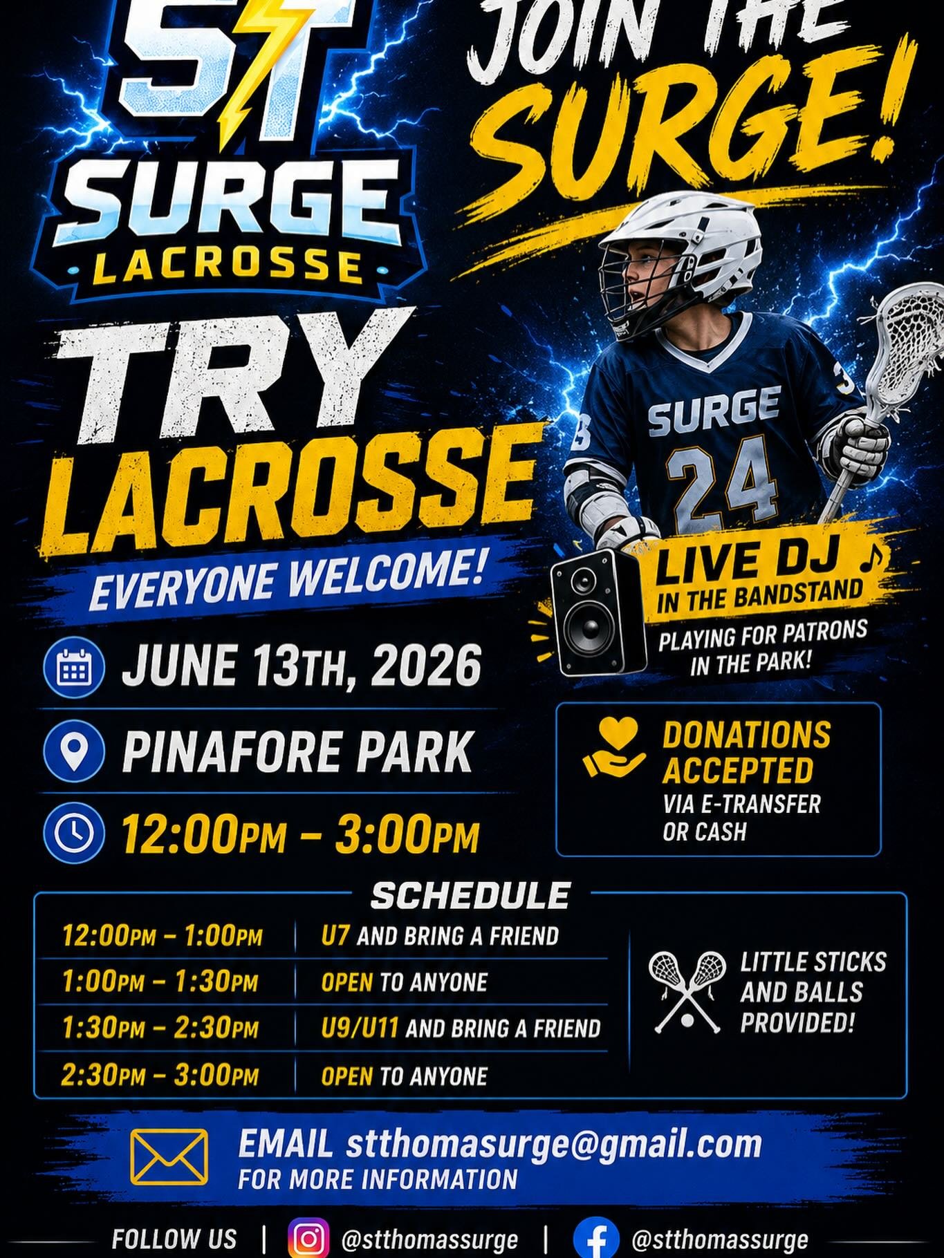 This Saturday, the St. Thomas Surge lacrosse program is taking our game to Pinafore Park from 12:00pm to 3:00pm. Live DJ, freezies and popsicles for the kids!  We will have small sticks for the young players to try, including a FREE mini lacrosse sti