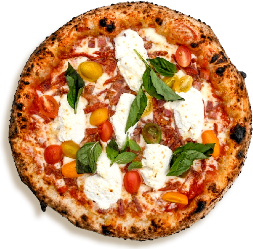 Neapolitan-style pizza with beautifully-spotted crust