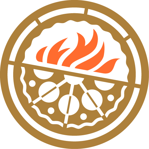 Circular branded graphic that is divided into two halves, orange flames on top and gold pizza on bottom.