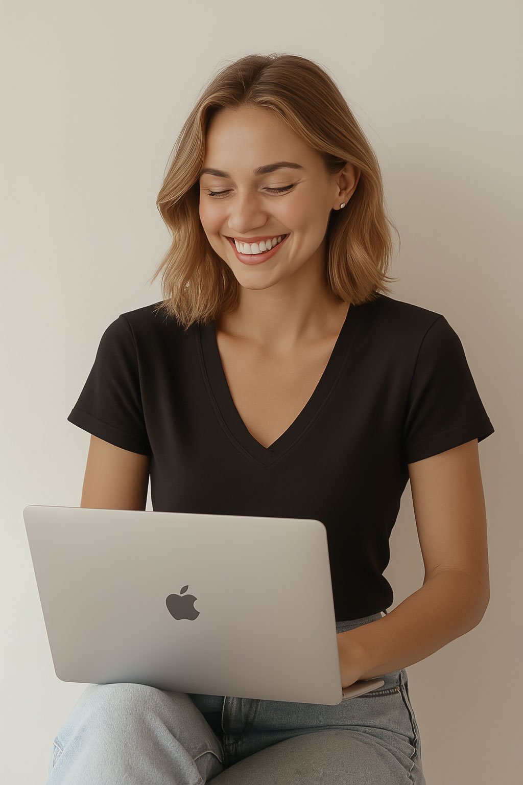 A young woman with shoulder-length light brown hair, wearing a black V-neck T-shirt, smiling while looking down at her open silver Apple MacBook laptop.