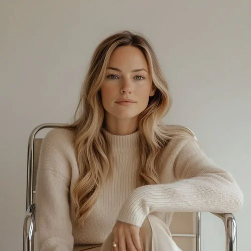 A young woman with long wavy blonde hair sitting on a modern chrome and beige chair, wearing a cream-colored knit sweater, looking at the camera with a neutral expression against a plain off-white background.
