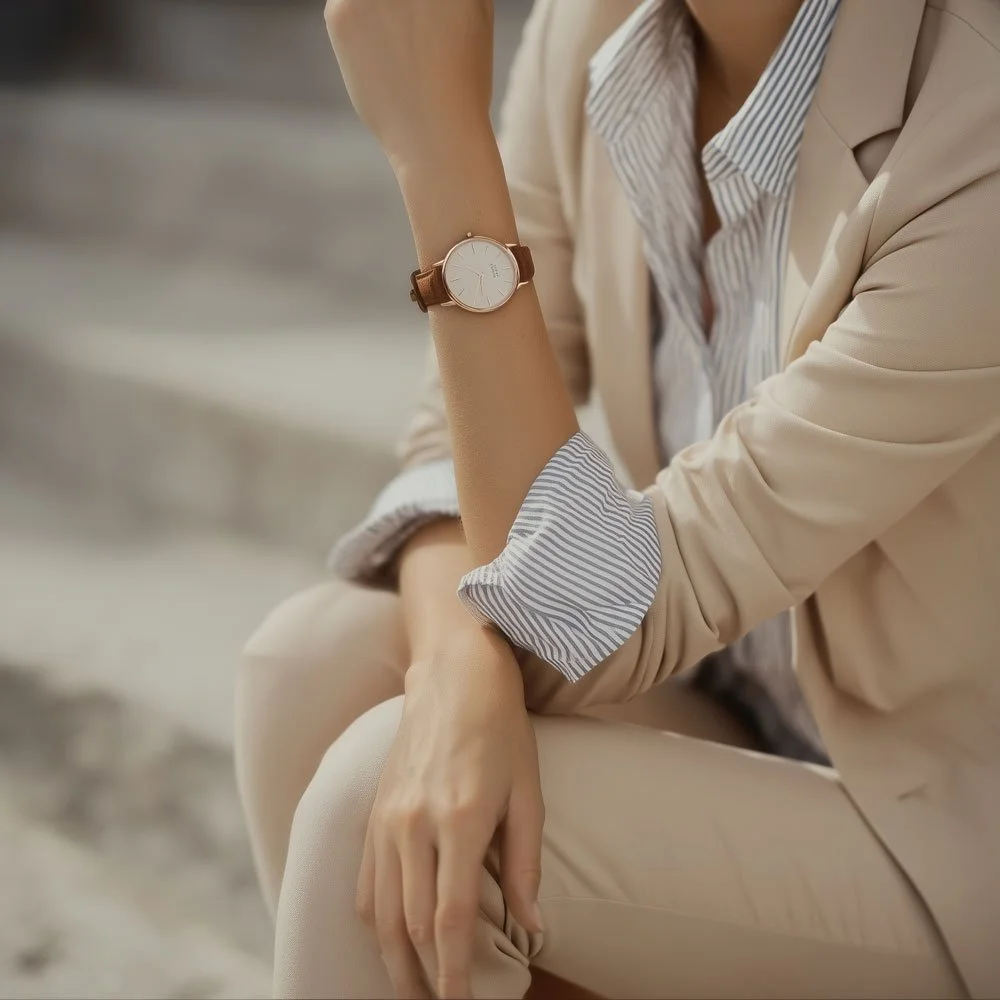Close-up of a woman's arm showcasing a minimalist wristwatch with a white dial and brown leather strap, as she sits outdoors wearing a beige blazer and light-colored pants.