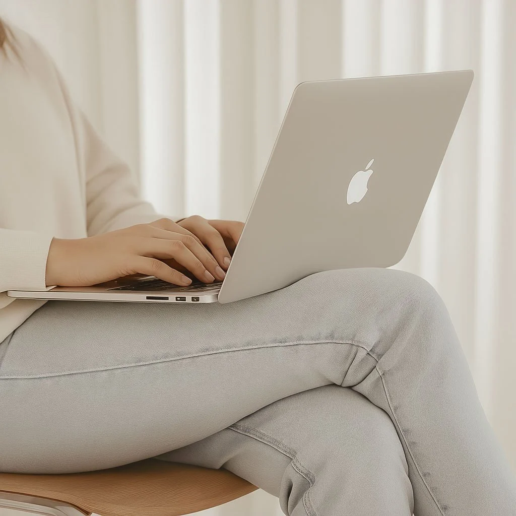 Person sitting on a wooden stool, using a silver MacBook laptop, wearing light-colored pants and a light-colored top, with light streaming through sheer curtains in the background.