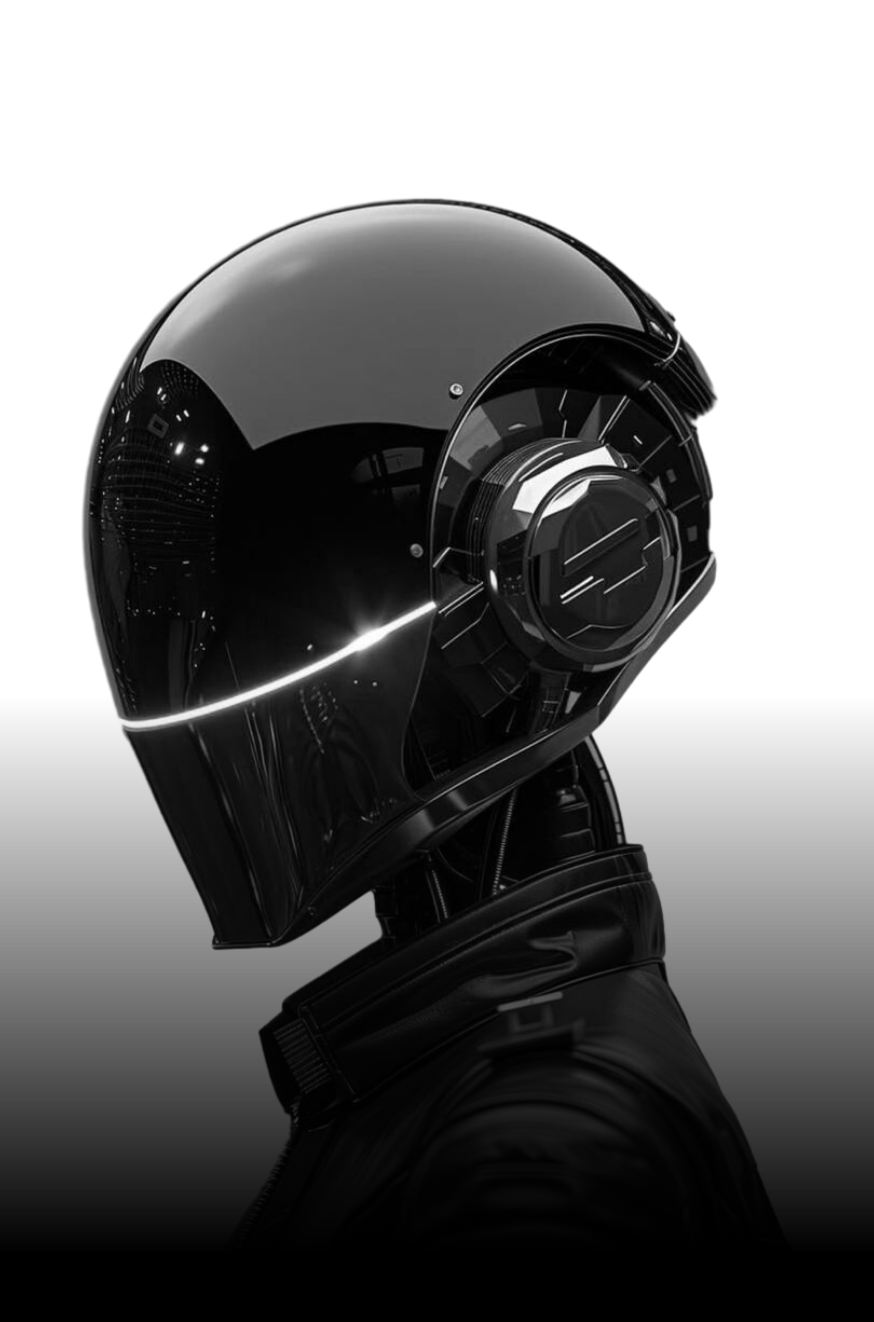 A sleek, futuristic black helmet with reflective surface and a visor, worn by a person in a black leather outfit, against a black background.