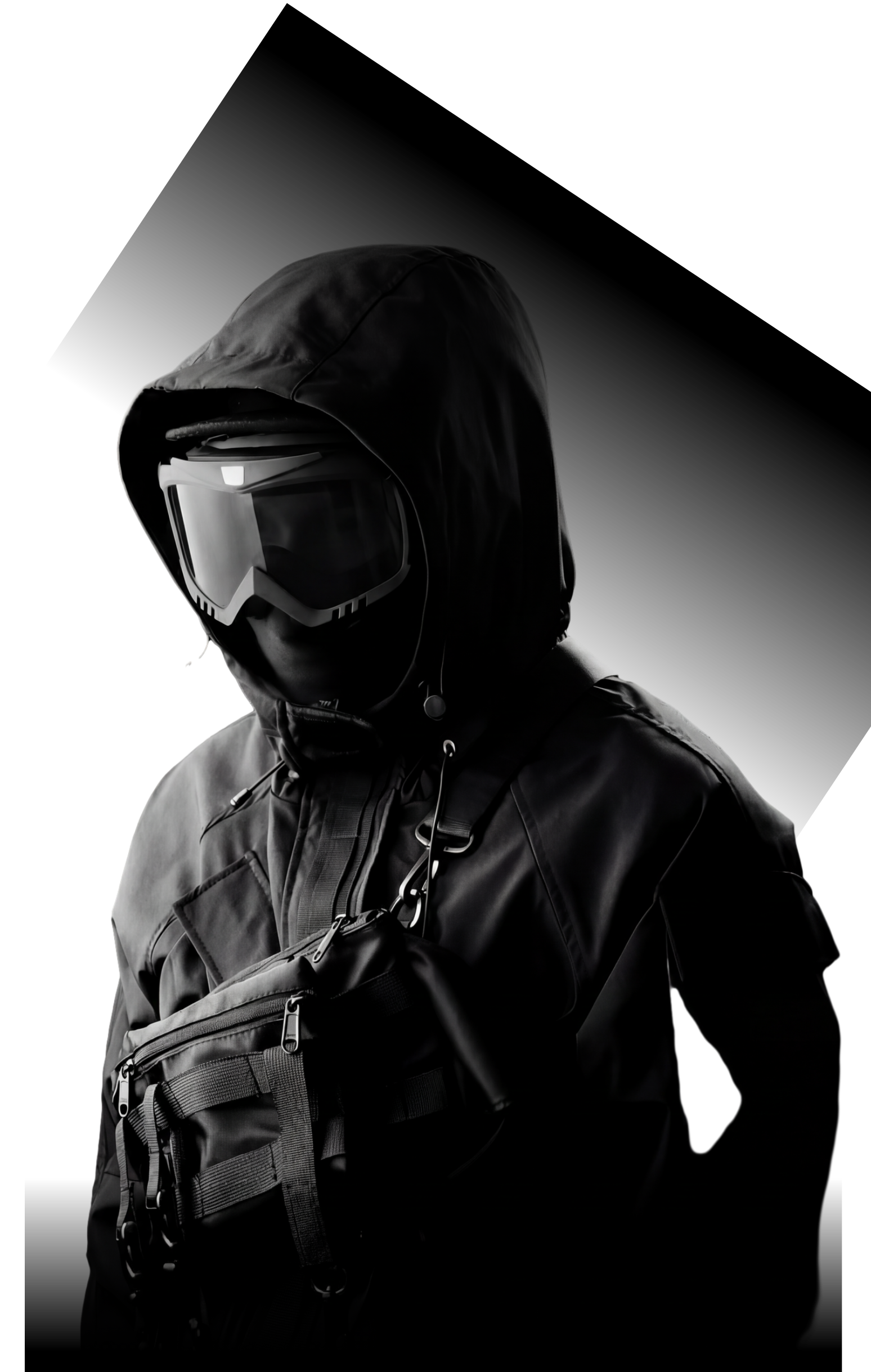 A person wearing a black hooded jacket, a pair of ski goggles, and a shoulder bag, against a black background.