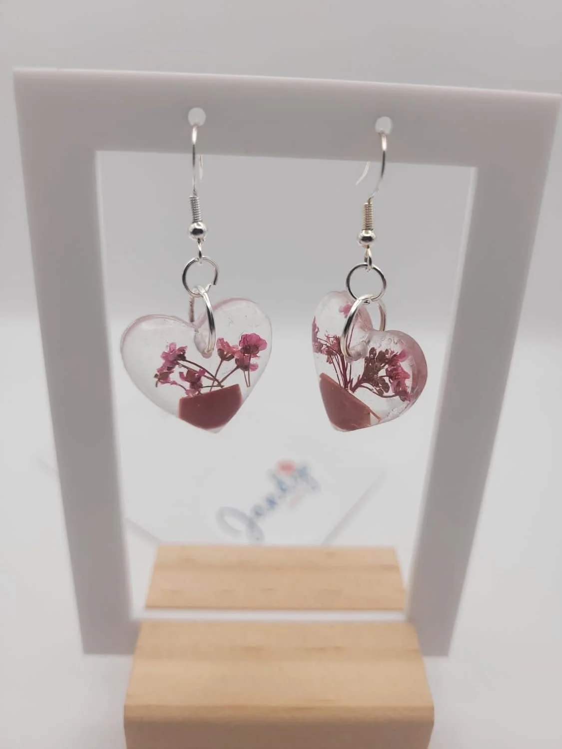 Pink Pressed Flower Heart Earrings