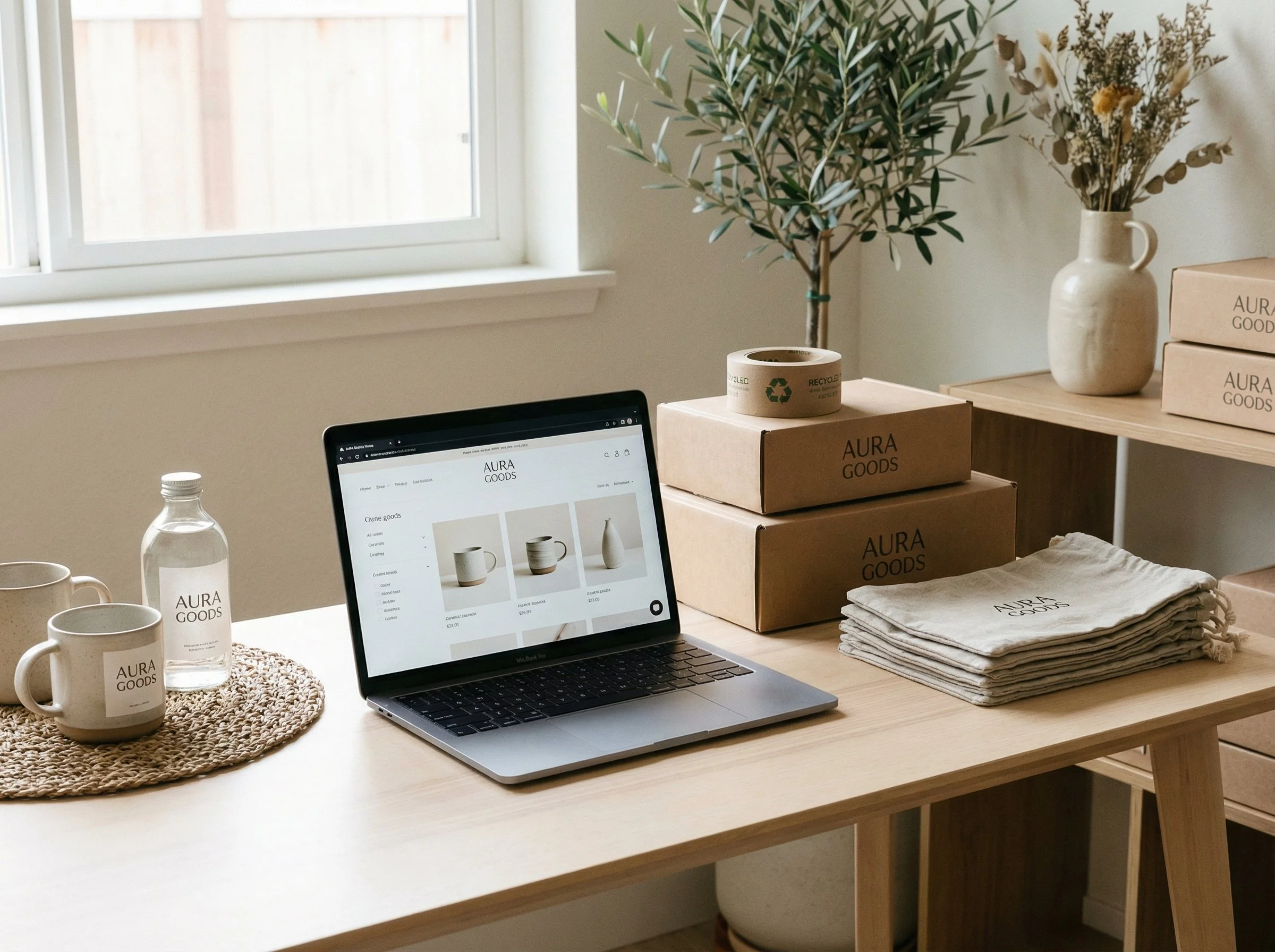 Ein Schreibtisch mit Laptop, Tasse, Wasserflasche, Verpackungskartons, Stofftaschen, und einem Stapel von Papiertüten, neben einem Fenster mit Zimmerpflanze im Hintergrund.