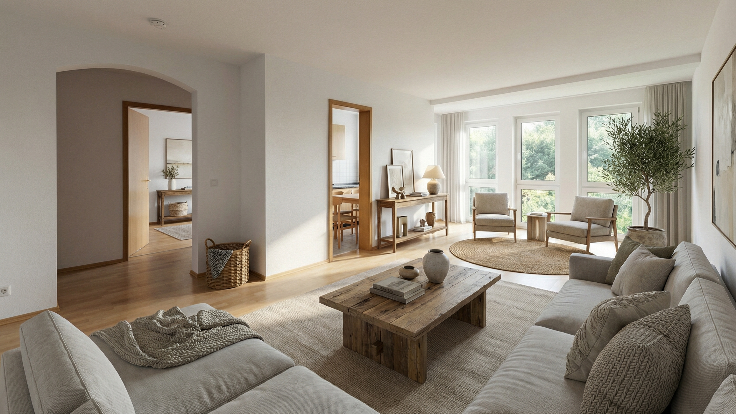 Heller, moderner Wohnraum mit großen Fenstern, zwei weißen Sofas, zwei passenden Stühlen, einem runden Teppich, einem Kaffeetisch aus Holz, Vasen und Dekorationsgegenständen, Pflanzen und Wandkunst.