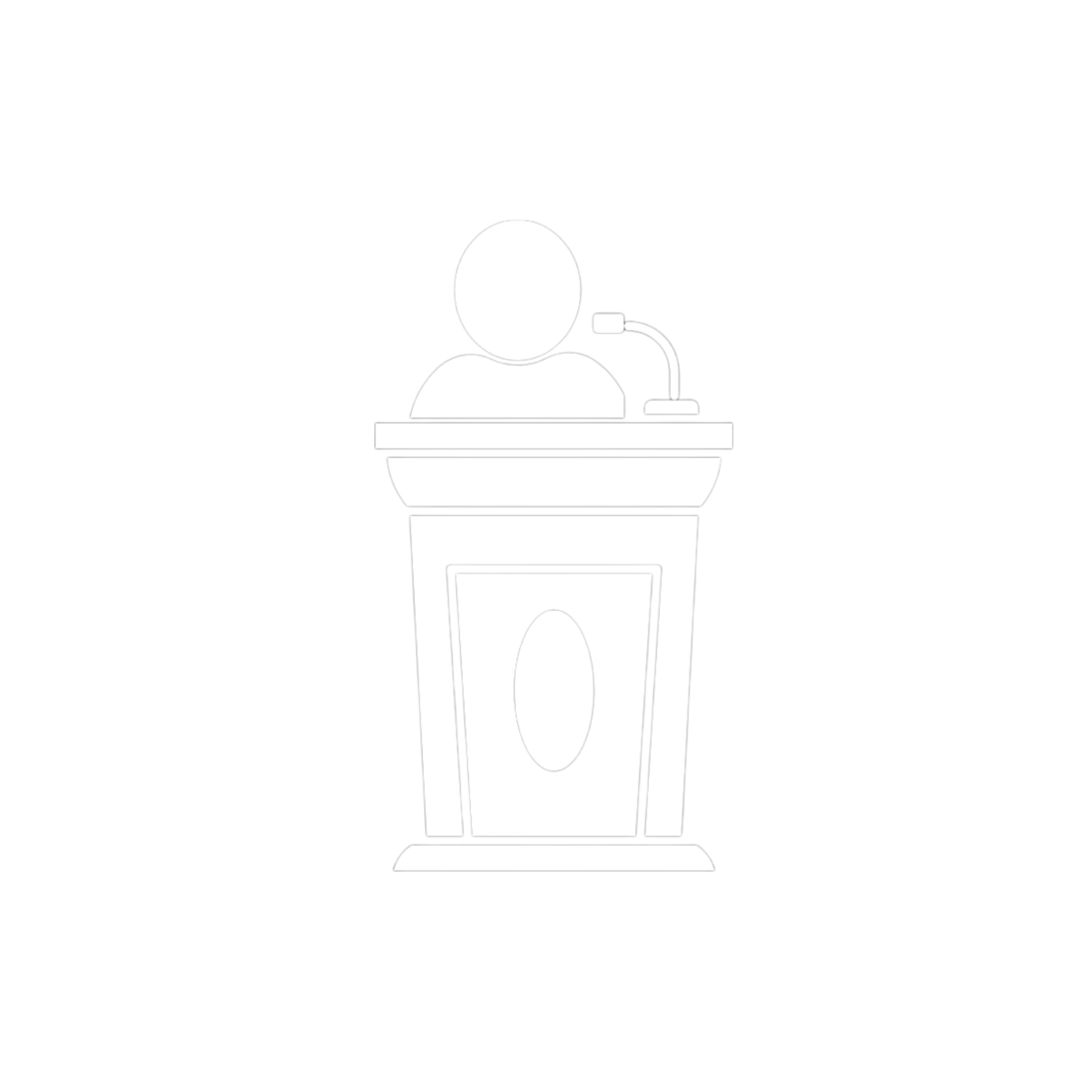 Black and white icon of a person standing behind a podium with a microphone.