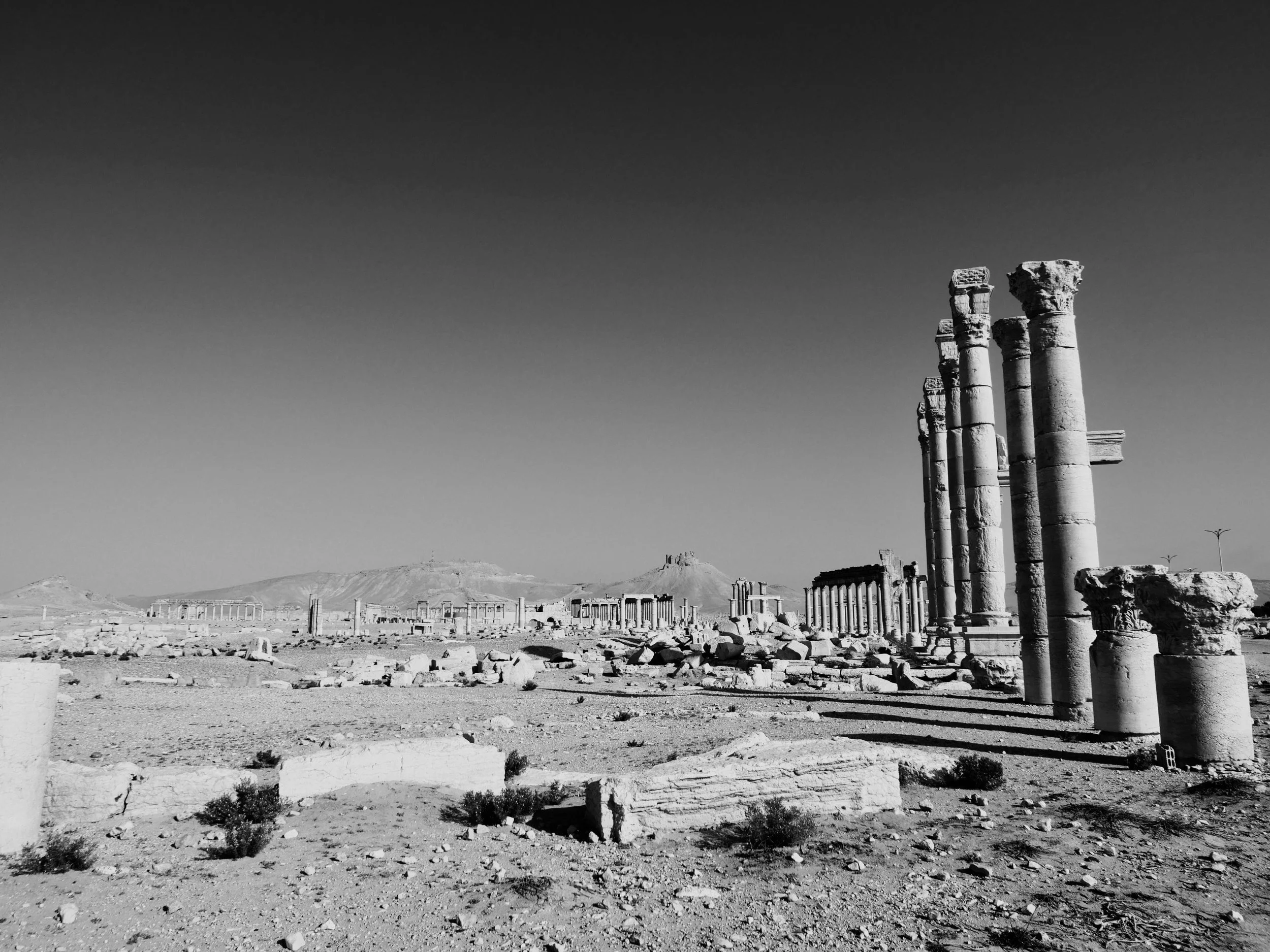 Ancient ruins with tall columns in a desert landscape under clear sky.