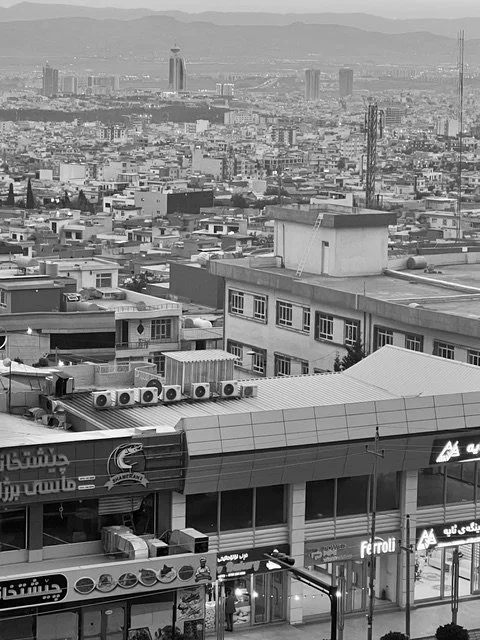 Cityscape of a dense urban area with multiple buildings, rooftops, and air conditioning units, with a distant view of a skyline featuring tall buildings and mountains in the background.