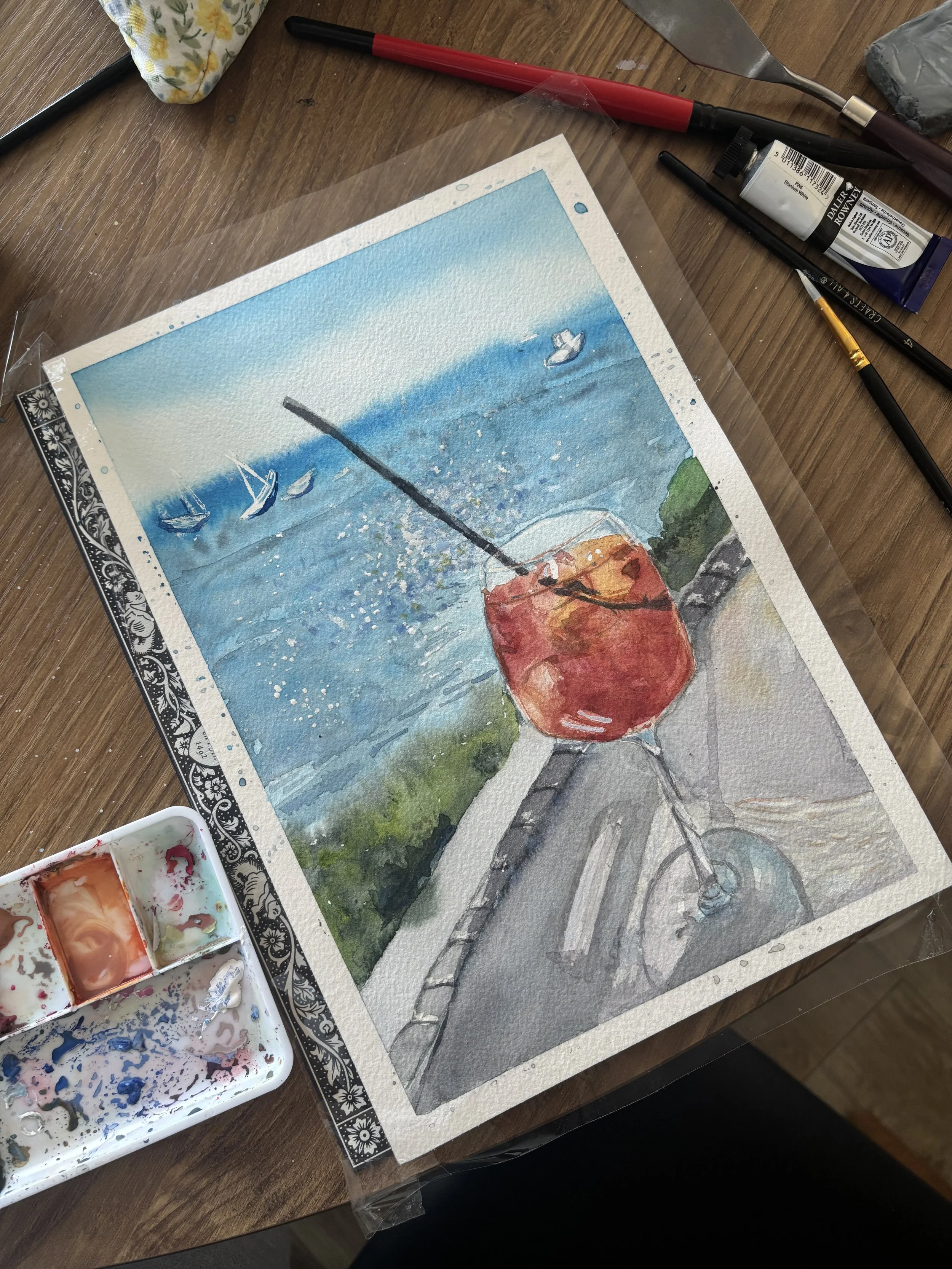 Seaside Aperol Spritz Watercolor Art Print