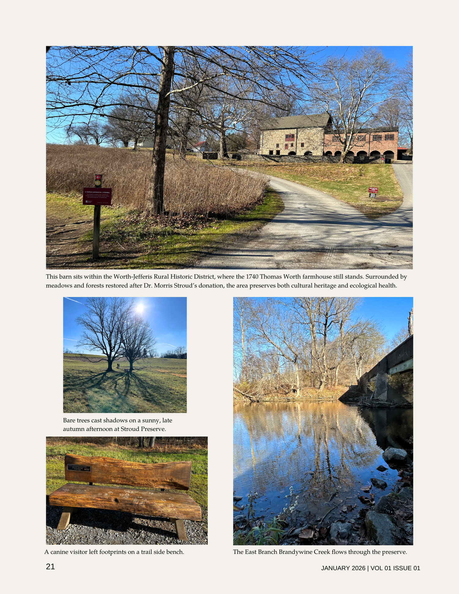 A scenic view of nature featuring a historic stone barn, bare trees casting shadows on a sunny late autumn afternoon at Stroud Preserve, a trail side bench with canine footprints, and Brandywine Creek flowing through the preserve.