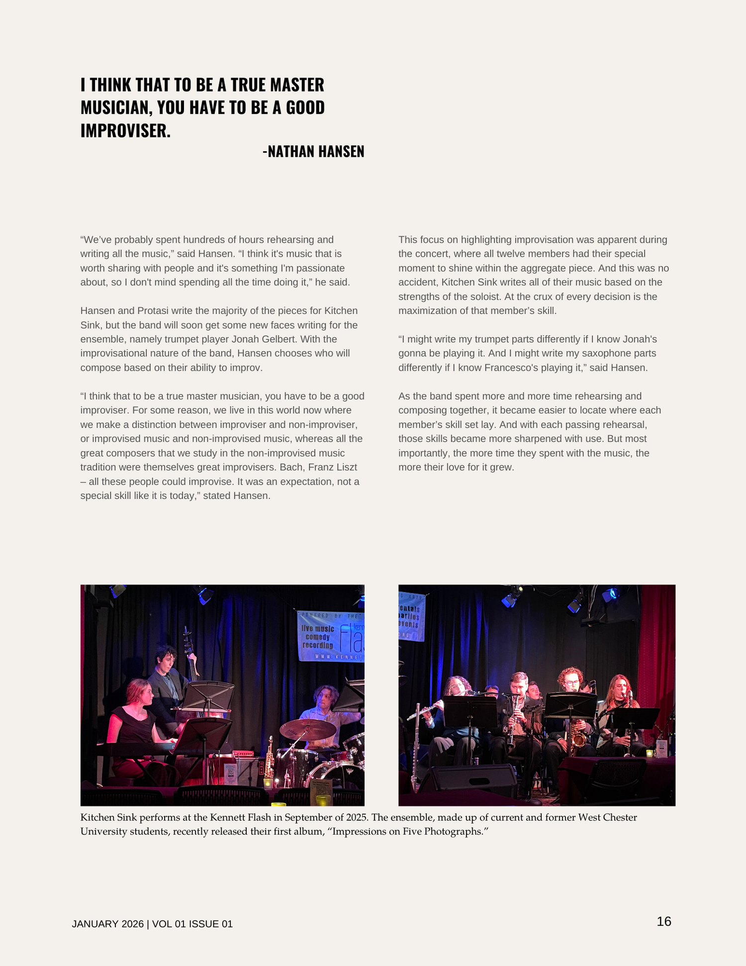 Photograph of a music concert featuring the band Kitchen Sink, with a pianist, drummer, and brass players performing on stage under blue lighting.