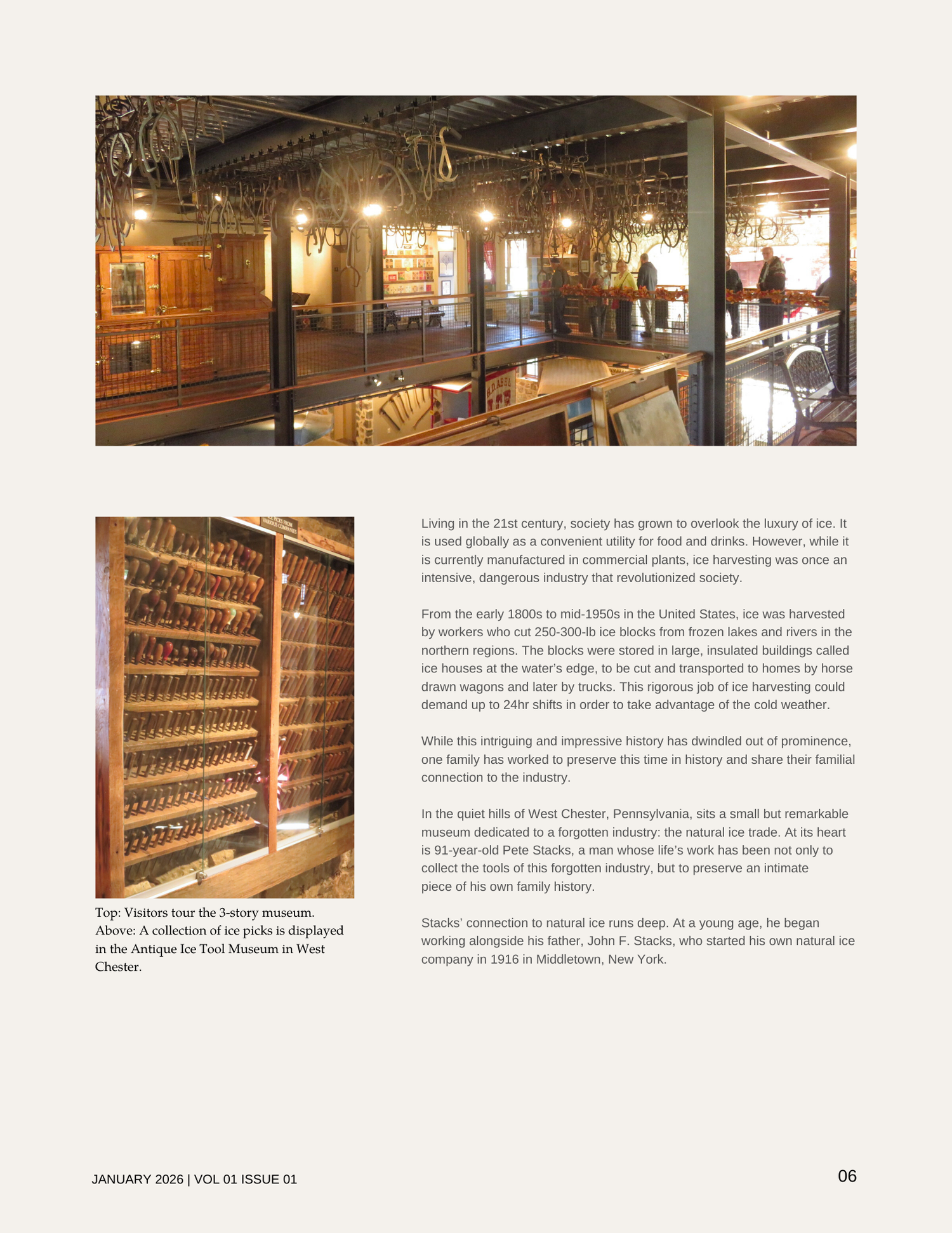 Interior of a museum exhibit space with vintage bicycle frames hanging from the ceiling, visitors viewing displays on an upper level, and historical artifacts on display, with sunlight coming through windows.