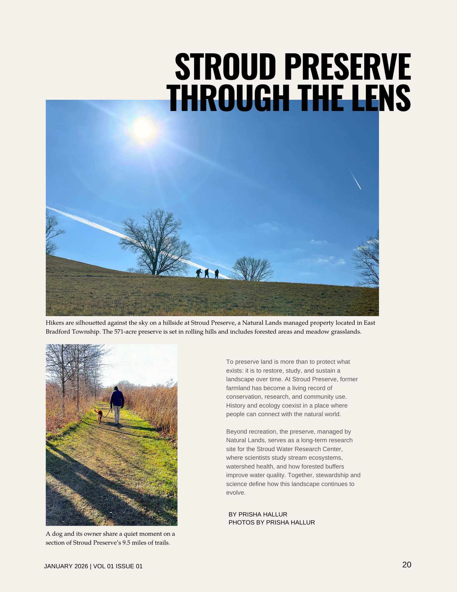 A magazine page with the title 'Stroud Preserve Through the Lens' and two photographs of outdoor scenes. The first photo shows a sunny hillside with hikers silhouette against the sky and a tree, and the second photo depicts a person walking a dog on a trail surrounded by autumn foliage.