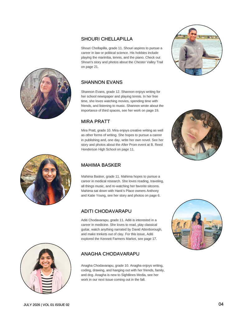 Page from a publication titled "The Preserve Issue Contributors" featuring photos and descriptions of five students: Ali Hall, Prisha Hallur, Tiffany He, Luna Lu, and Tiffany Truong, each with their interests and achievements. The page includes text about their hobbies and contributions, and the publication date at the bottom is January 2026, Volume 01, Issue 01.