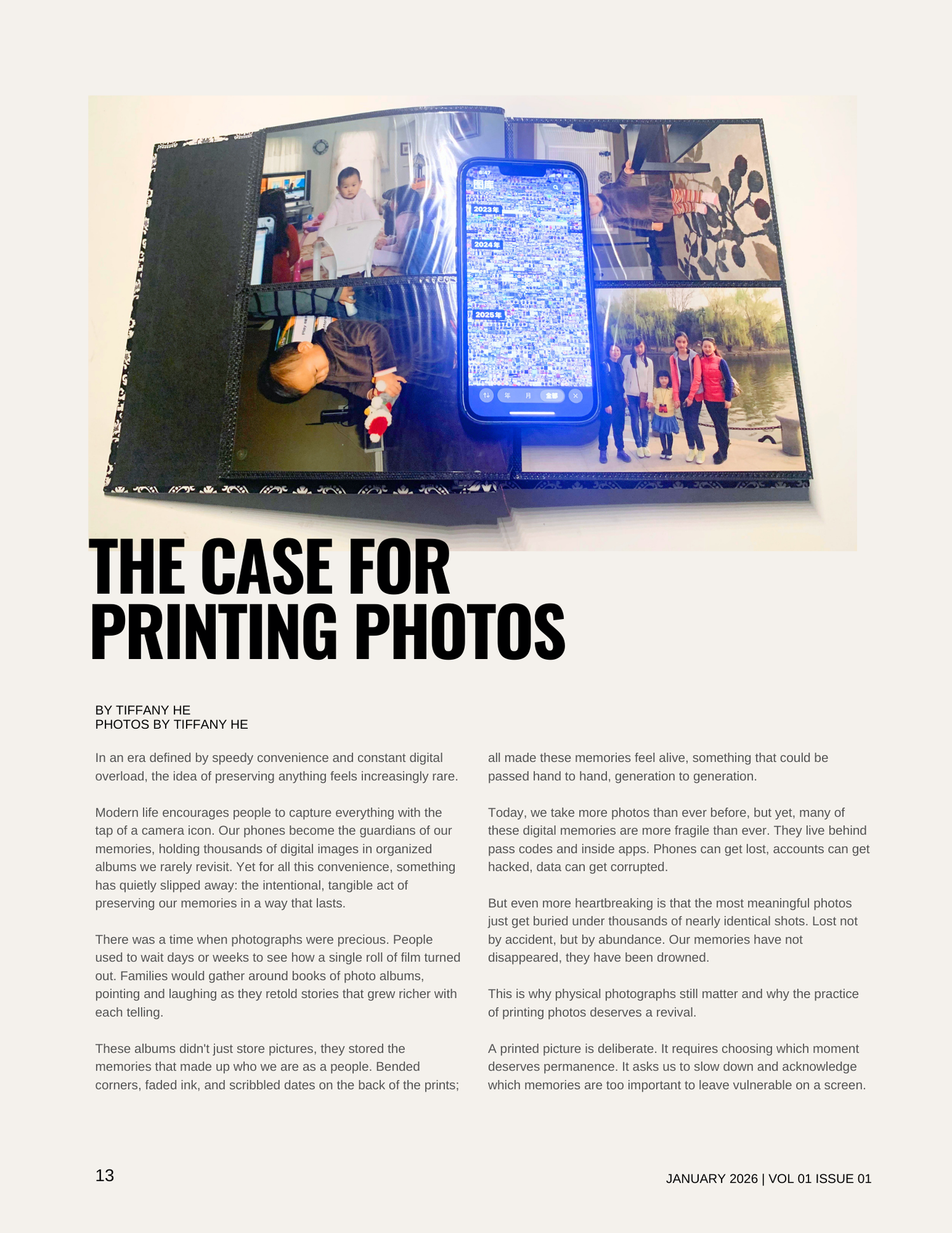 Opening page of a magazine or book with a collage of photographs of children and families, centered around a smartphone displaying years from 2023 to 2025. The text below talks about the importance and preservation of printed photos and memories.