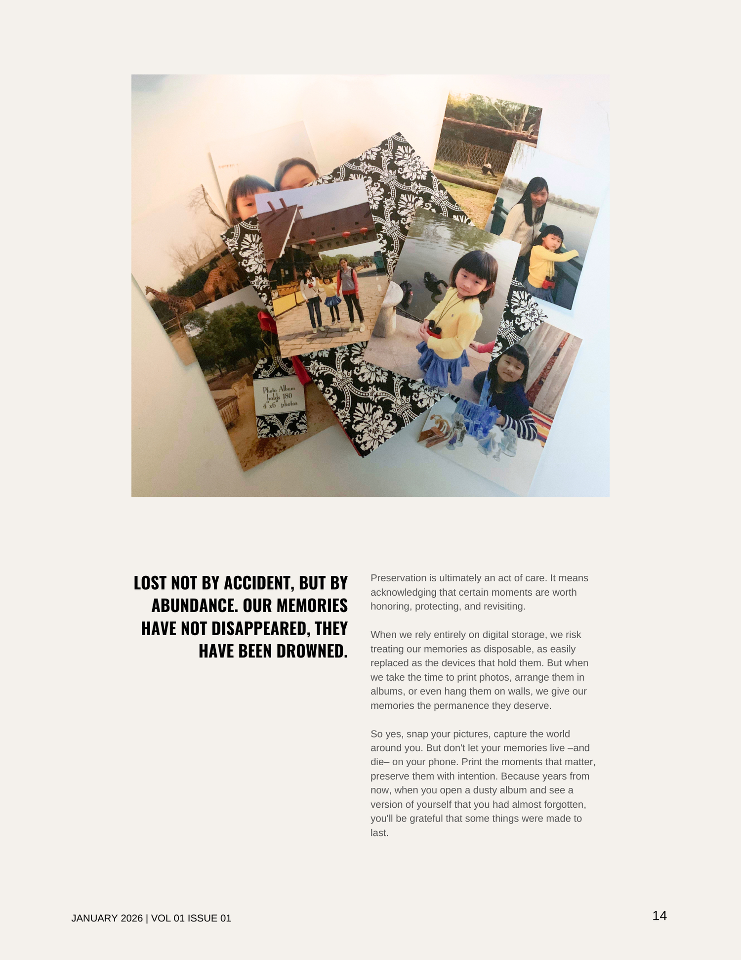 A collage of various printed photographs overlaid on a black and white decorative background. The photos depict children outdoors, at a zoo, by a lake, and at an amusement park. There is a caption emphasizing the importance of preserving memories through physical prints, with a quote about memories being lost not by accident but by abundance.