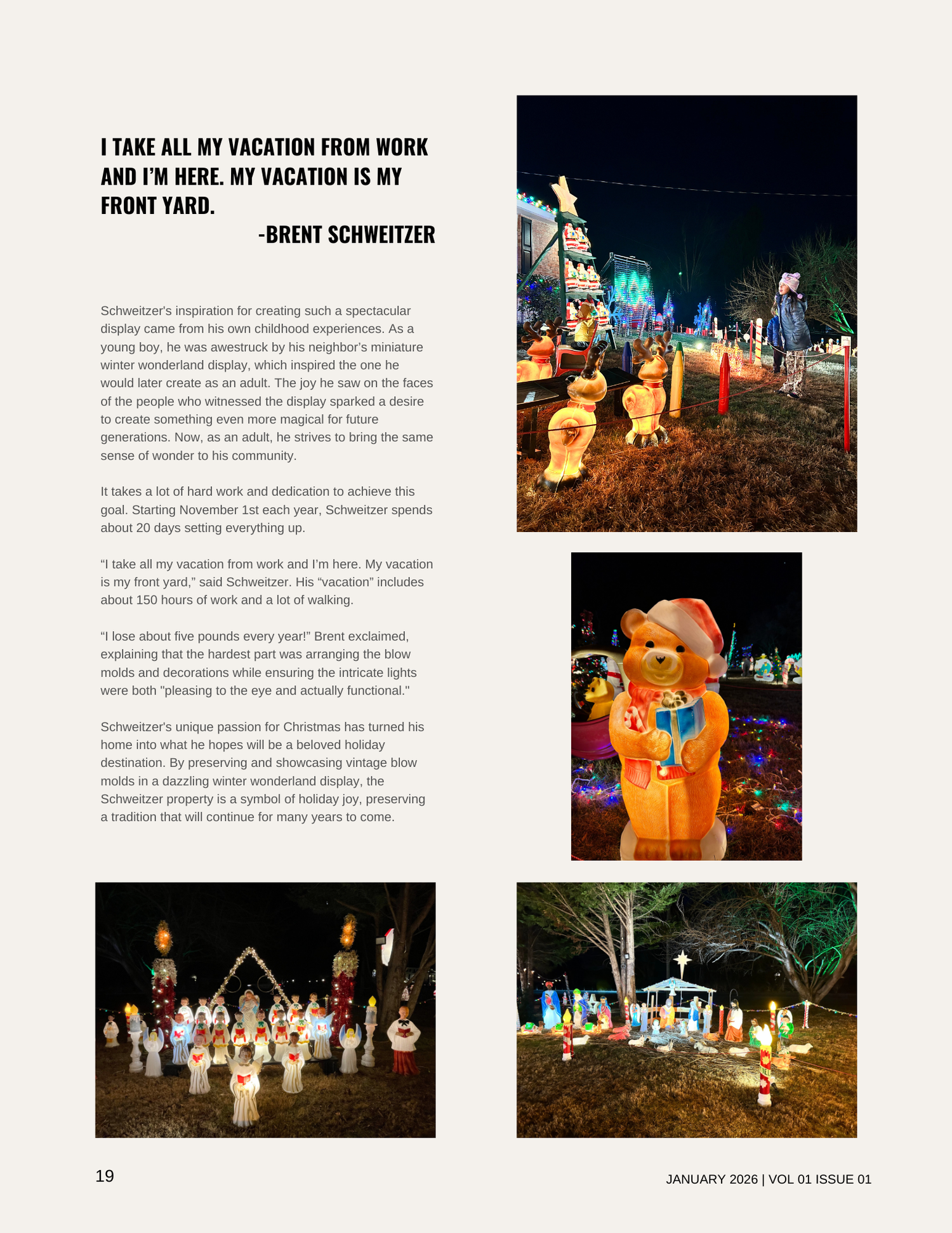 Page from a magazine featuring Christmas holiday displays with brightly lit outdoor scenes, including Christmas figurines, nativity scenes, and festive decorations, alongside an article about Weihnachts's holiday display tradition.