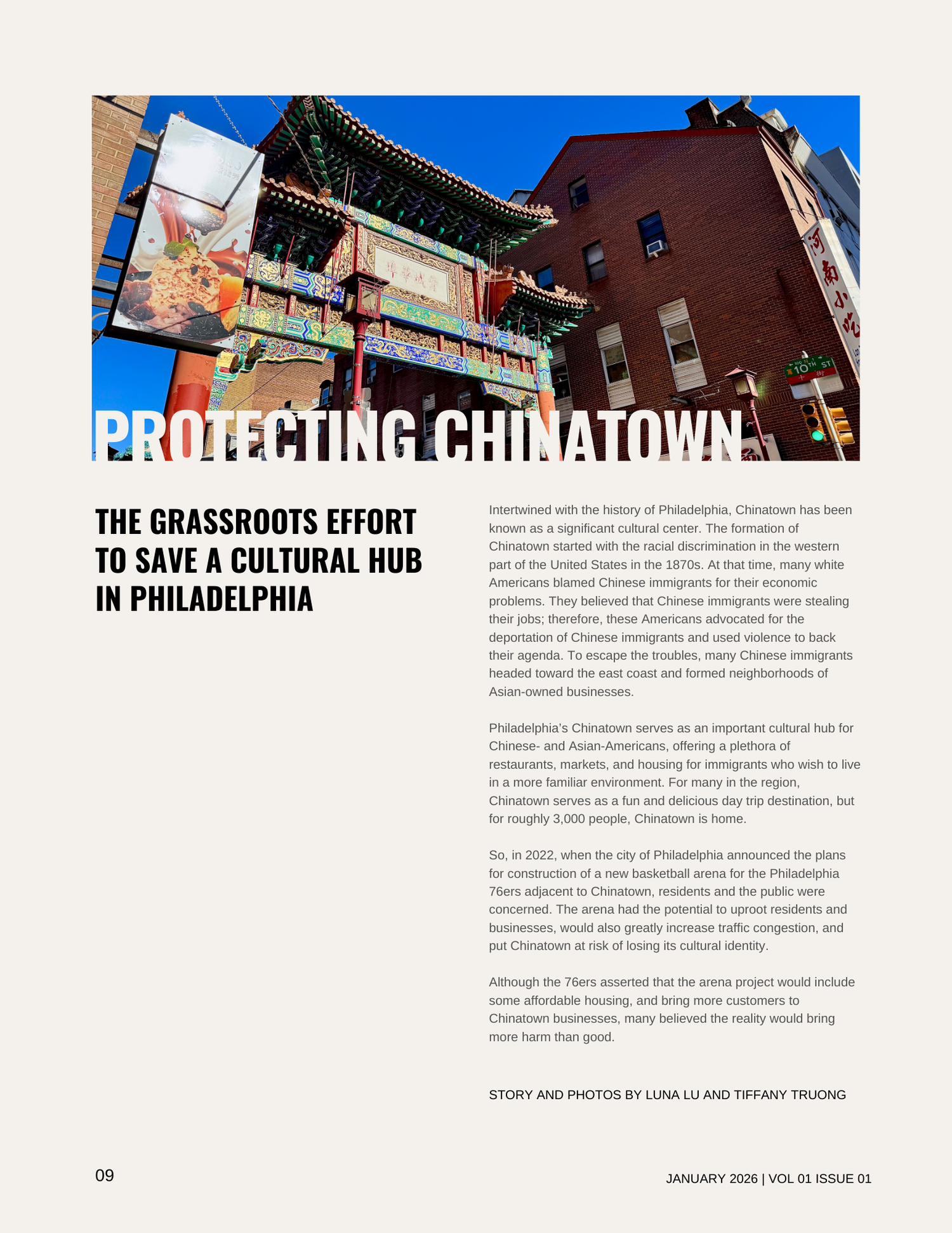 Photograph of Chinatown archway in Philadelphia with a colorful traditional Chinese gate and an adjacent building, under a clear blue sky.
