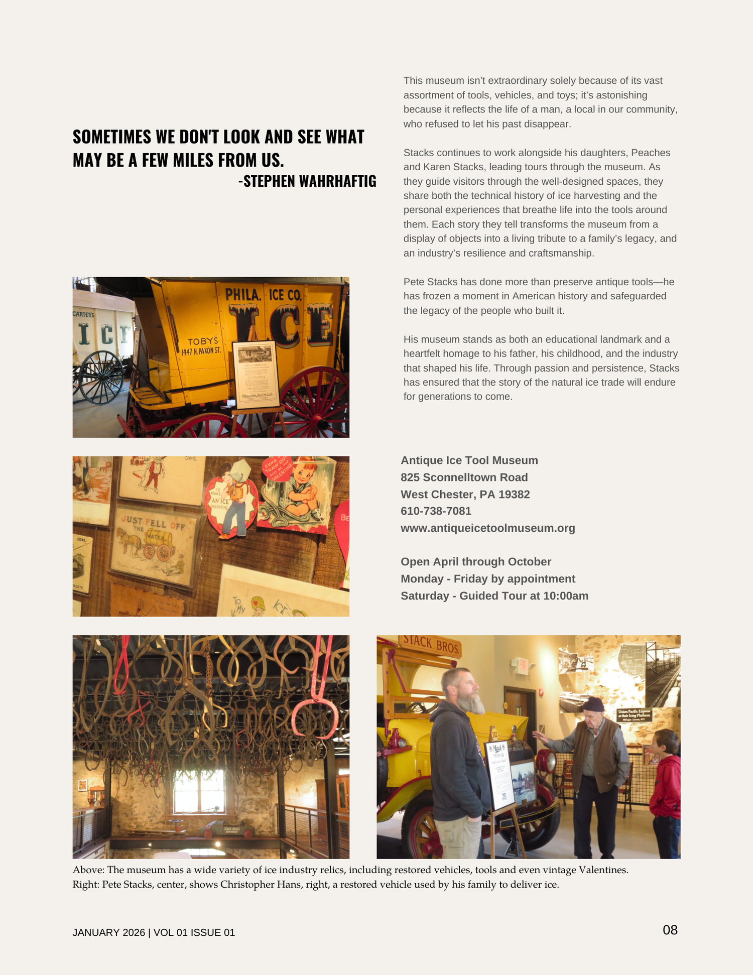 Museum exhibit featuring vintage ice-making tools including a yellow restored ice delivery wagon, displaying an informational plaque. Visitors are interacting with the exhibit and viewing vintage items; the museum has historical ice industry relics and displays. The setting is indoors with natural light and rustic decor.