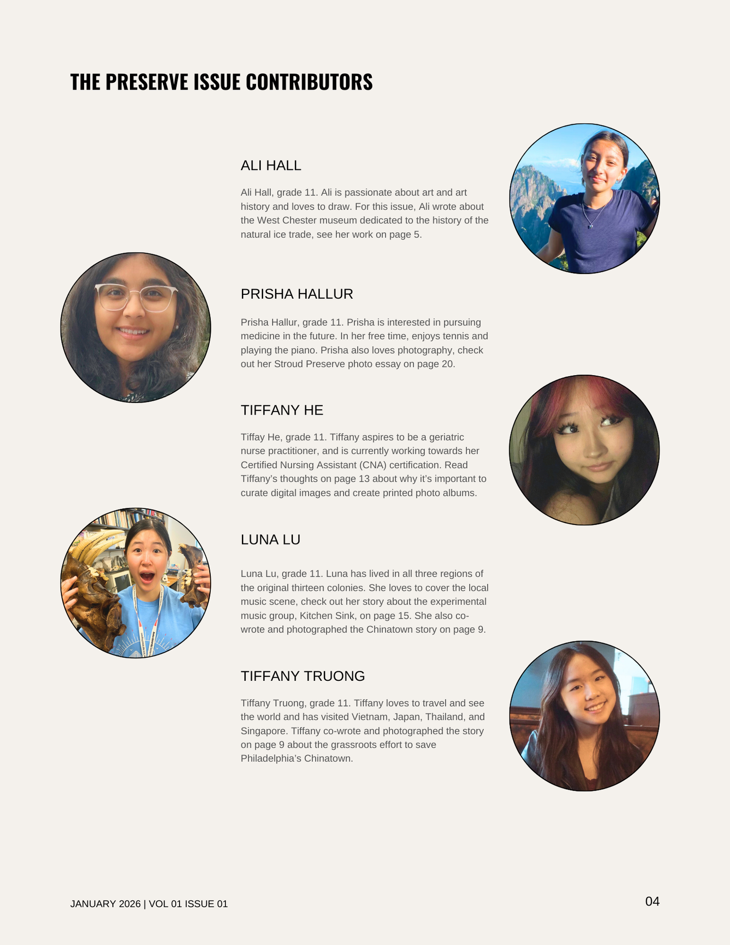 Page from a publication titled "The Preserve Issue Contributors" featuring photos and descriptions of five students: Ali Hall, Prisha Hallur, Tiffany He, Luna Lu, and Tiffany Truong, each with their interests and achievements. The page includes text about their hobbies and contributions, and the publication date at the bottom is January 2026, Volume 01, Issue 01.