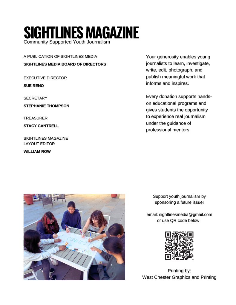 Cover page of Sightlines Magazine, featuring a photograph of a city street with trees, buildings, and a person taking a photo, along with text about the publication and sponsors, a QR code, and printing details.