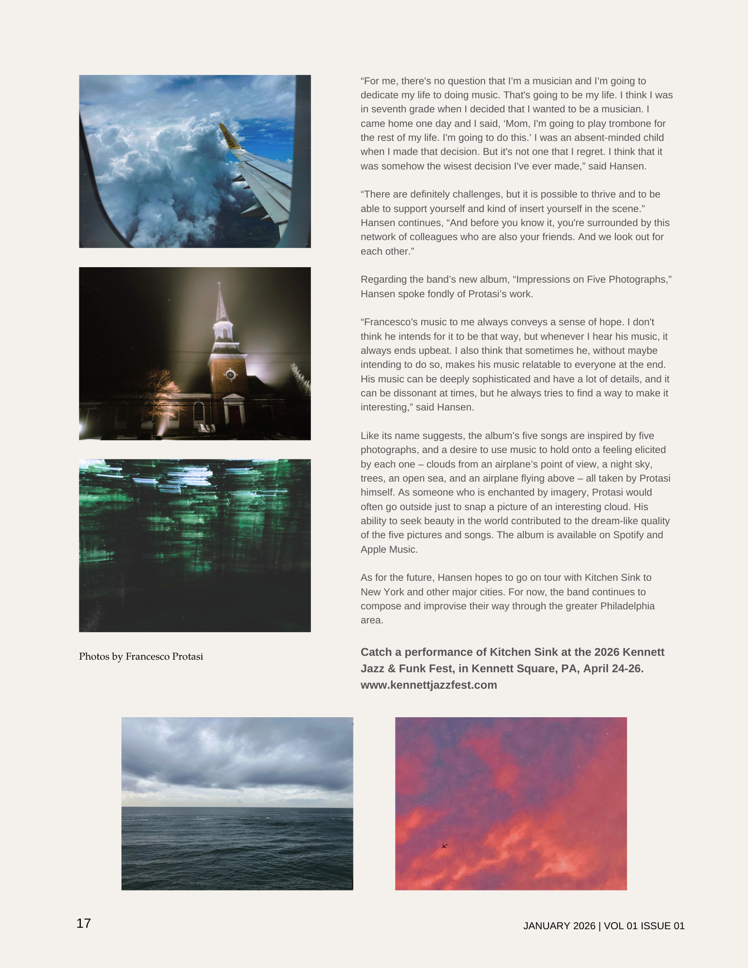 A magazine page featuring three photographs and text. The first photo shows an airplane wing with clouds above and blue sky. The second photo is of a church with a steeple at night, illuminated against a dark sky. The third photo displays a seascape with a cloudy sky and calm ocean. The text discusses music, art, and a band's new album, along with event details for a jazz and funk festival in Pennsylvania.